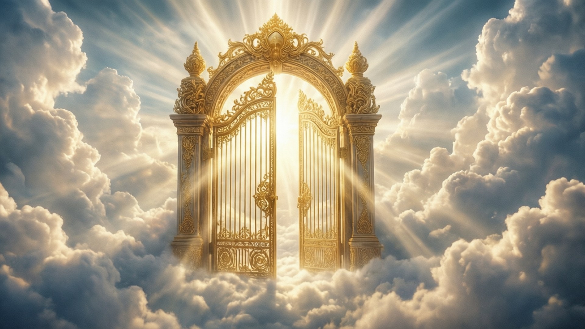 Majestic Gates of Paradise 壁紙 — 一道閃耀的金色大門，帶有複雜的雕刻，在蓬鬆的白雲中敞開，陽光穿透而出。