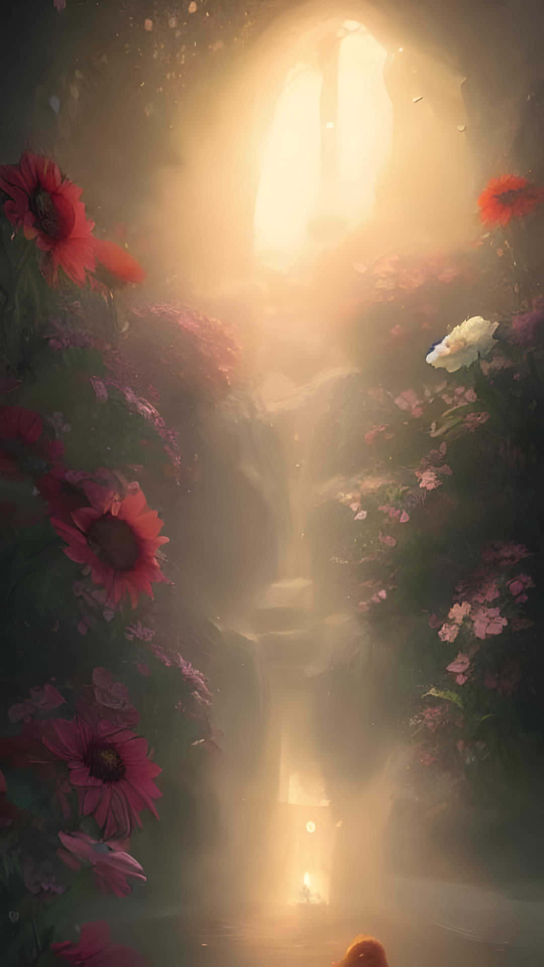  壁紙 — 一道神秘的瀑布穿過一個充滿活力的花園，沐浴在從上方灑下的溫暖金色光芒中。