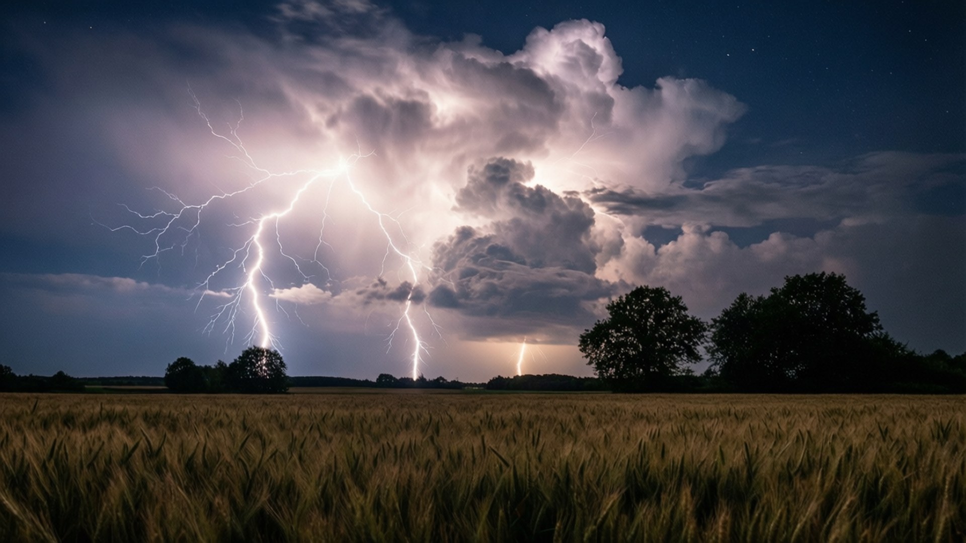 Lightning Over Field 壁紙 — 一道戲劇性的閃電照亮了暴風雨夜晚的天空，下方是金色的麥田和剪影般的樹木。