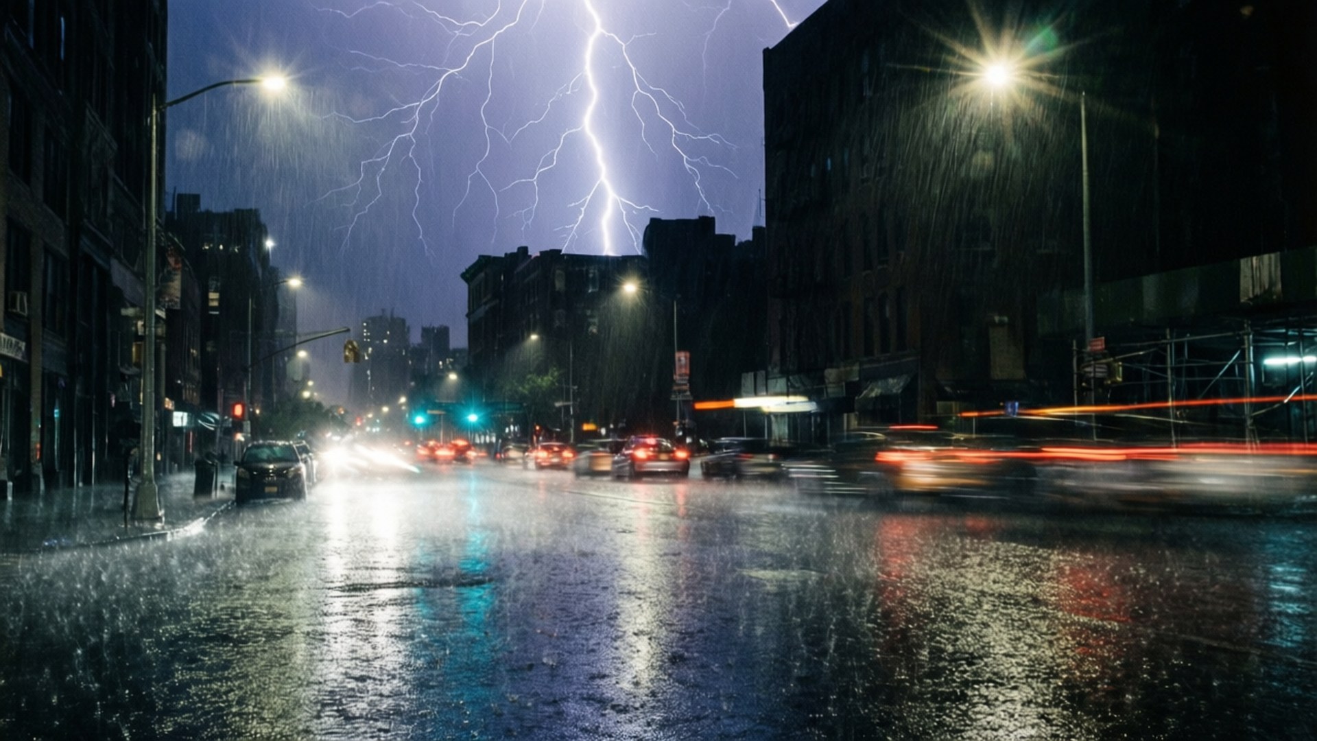 Rainy City Lightning 壁紙 — 一道戲劇性的閃電照亮了夜晚被雨淋濕的城市街道，伴隨著發光的街燈和模糊的車燈。