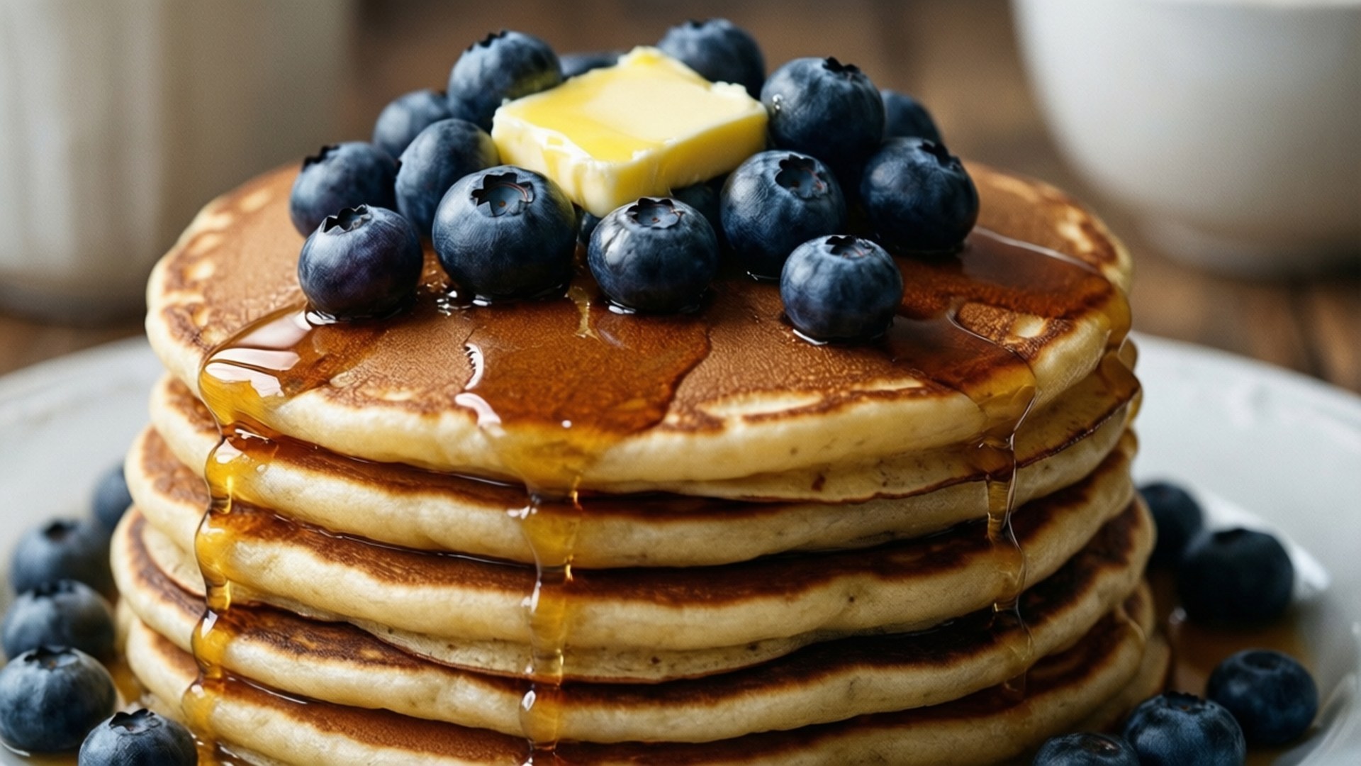 Blueberry Pancake Stack 壁紙 — 一疊高高的金黃色煎餅，淋上糖漿，上面放上新鮮藍莓和一塊融化的奶油。