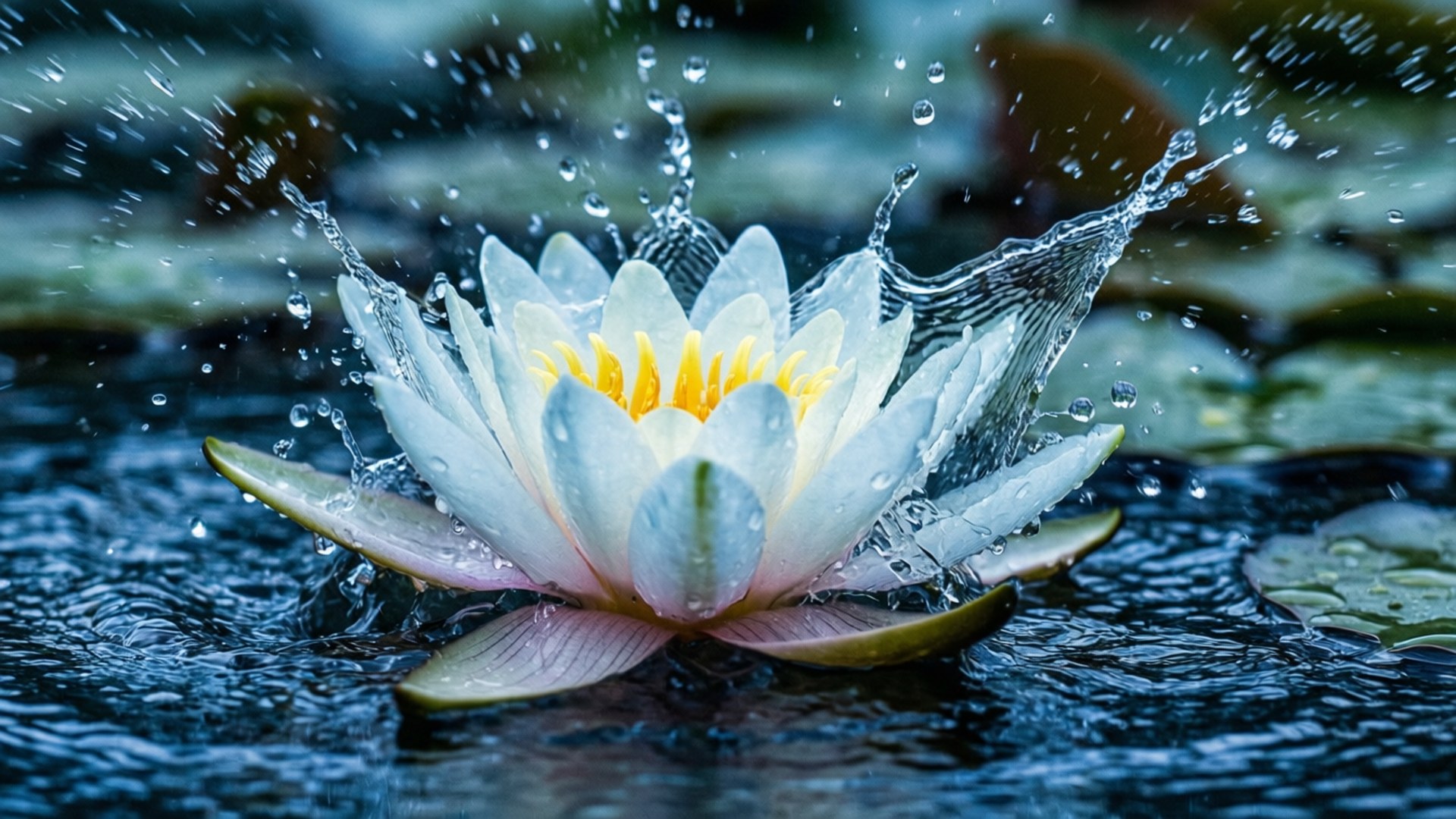 Splash Lily 壁紙 — 一朵白色睡蓮，黃色花心，衝破黑暗的水面，水滴四濺，場面戲劇性。