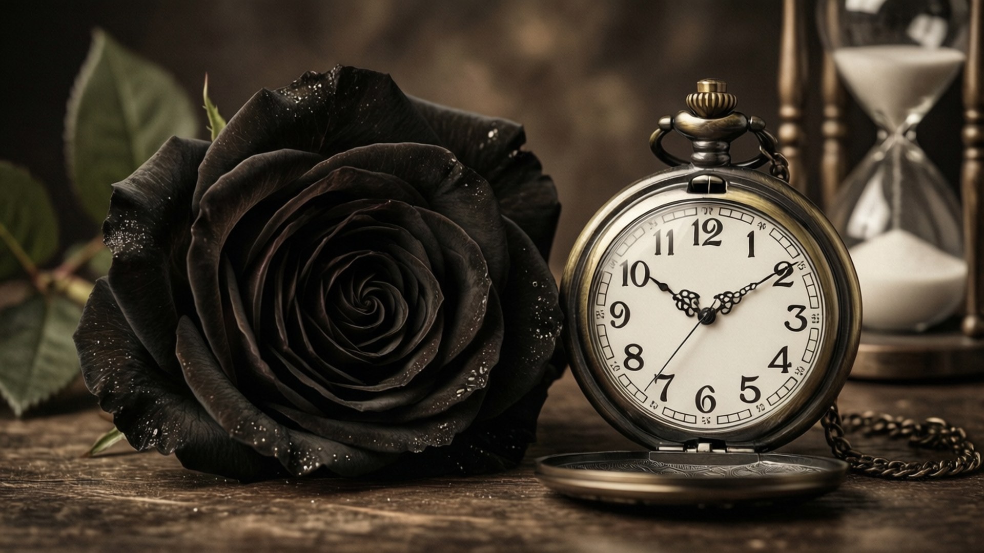 Black Rose and Pocket Watch 壁紙 — 一朵帶有露珠的黑玫瑰放在打開的懷錶和沙漏旁邊的木質表面上。