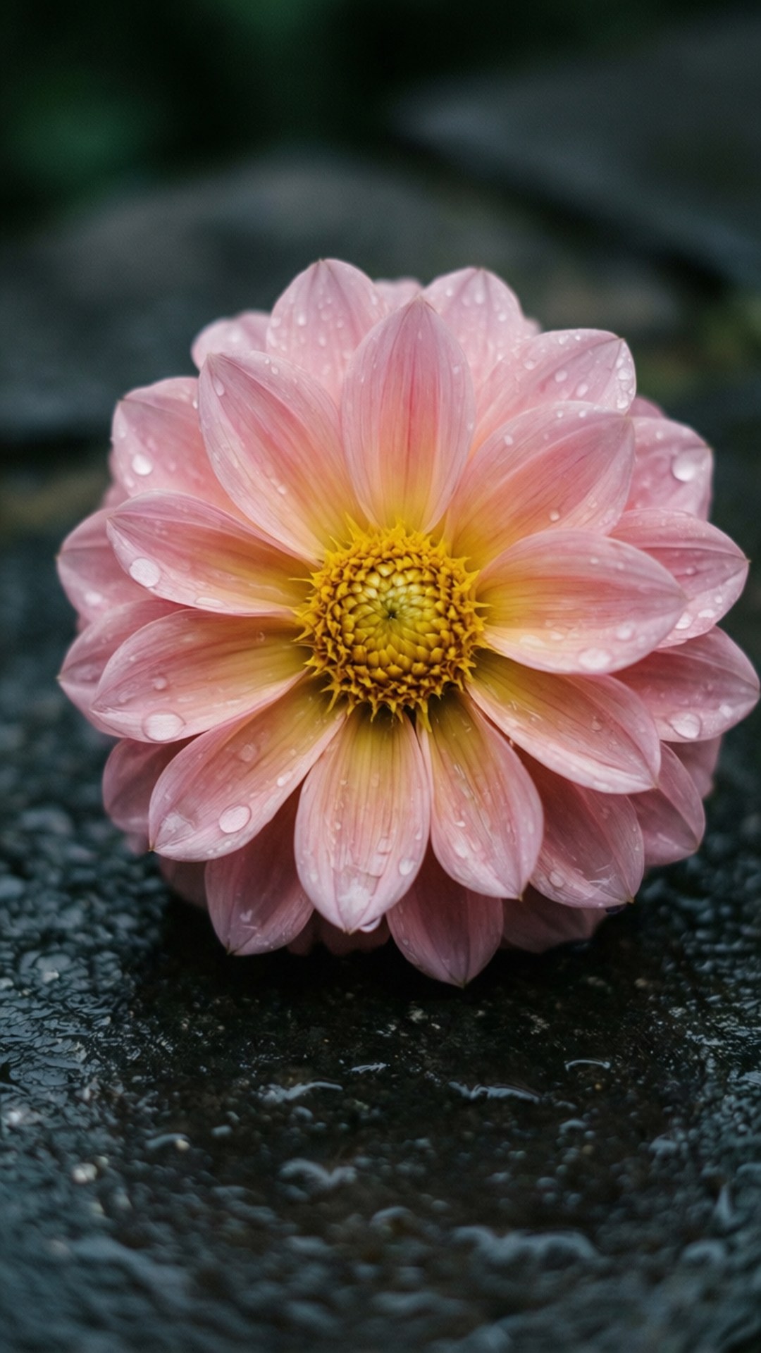 Rainy Stone Dahlia 壁紙 — 一朵帶有露珠的精緻粉紅大麗花，放在潮濕的深色石面上。