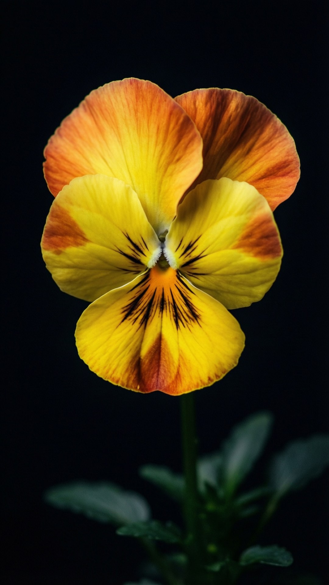 Yellow Pansy Dark Contrast 壁紙 — 一朵鮮黃色和橙色的三色堇，帶有深色中心，在純黑色背景上盛開。