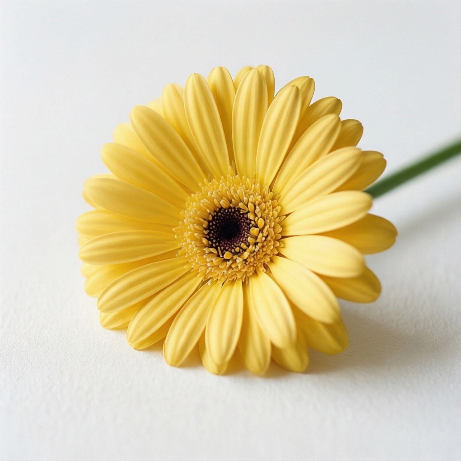 Minimal Yellow Daisy 壁紙 — 一朵鮮黃色的非洲菊雛菊，帶有深棕色花心，放在純白色表面上，其綠色莖部微妙地伸向一側。
