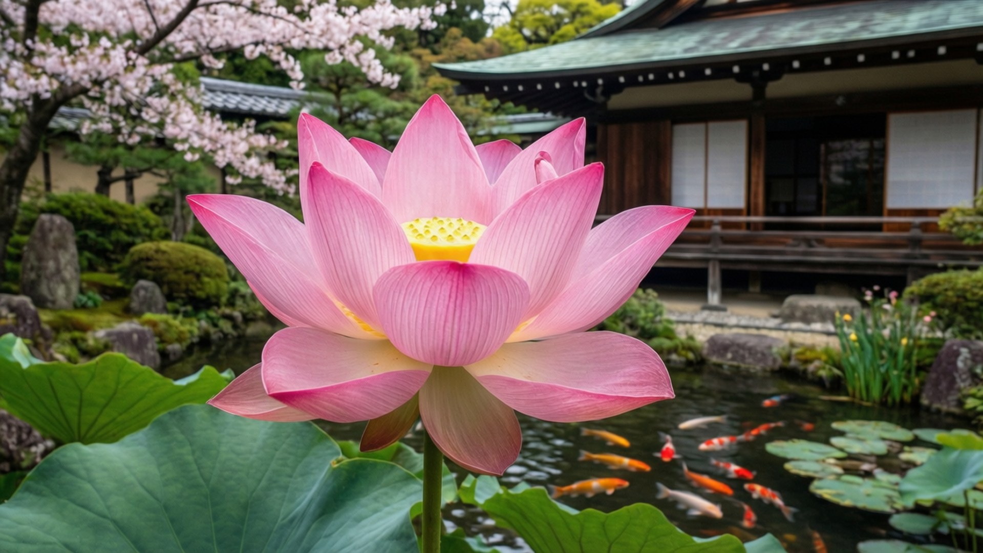 Japanese Garden Lotus 壁紙 — 一朵鮮豔的粉紅色蓮花在寧靜的池塘中盛開，池塘裡有錦鯉，背景是傳統的日本寺廟和櫻花。