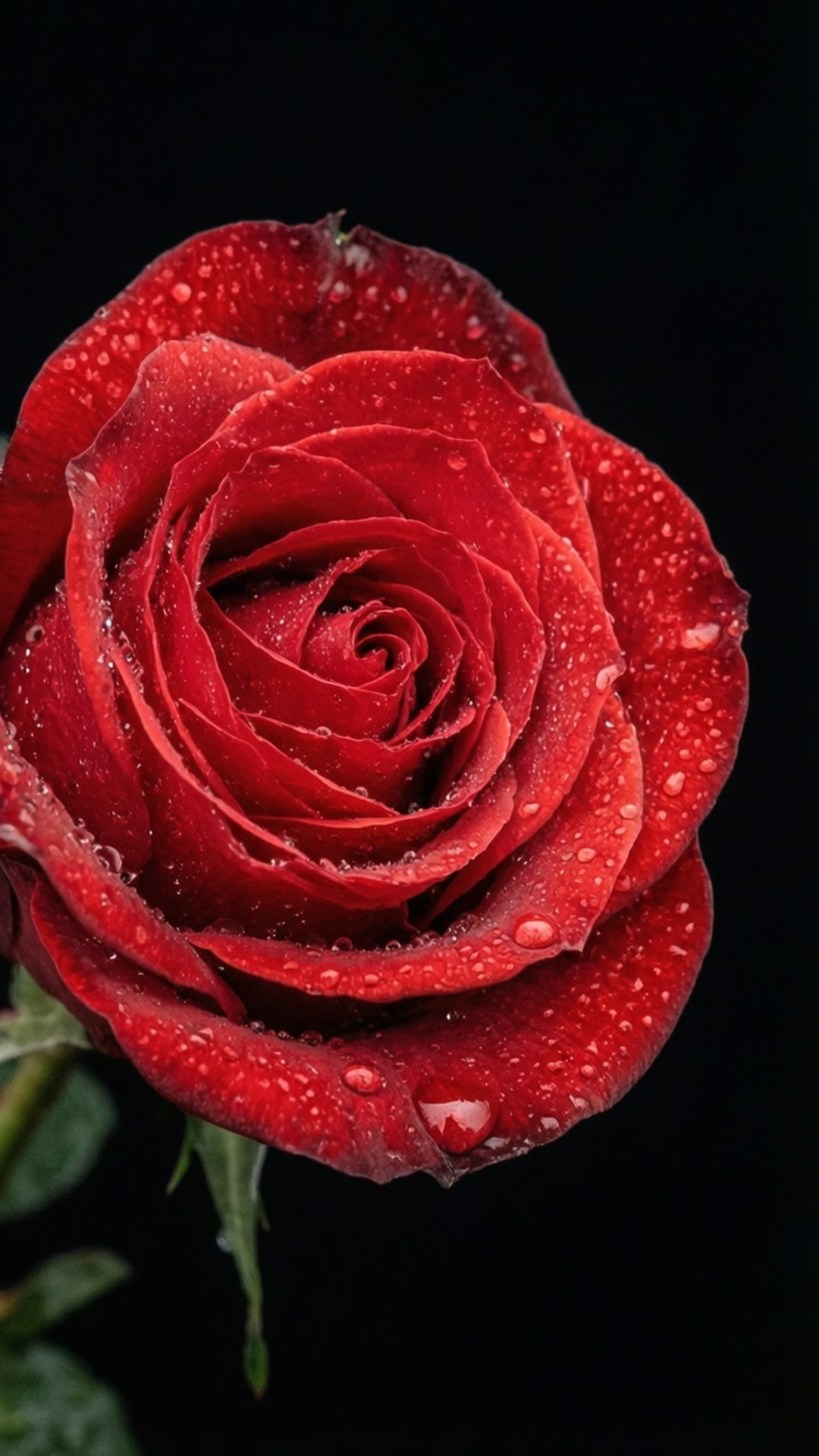 Red Rose on Black 壁紙 — 一朵鮮紅的玫瑰，帶有露珠，在純黑背景的特寫鏡頭中閃閃發光。