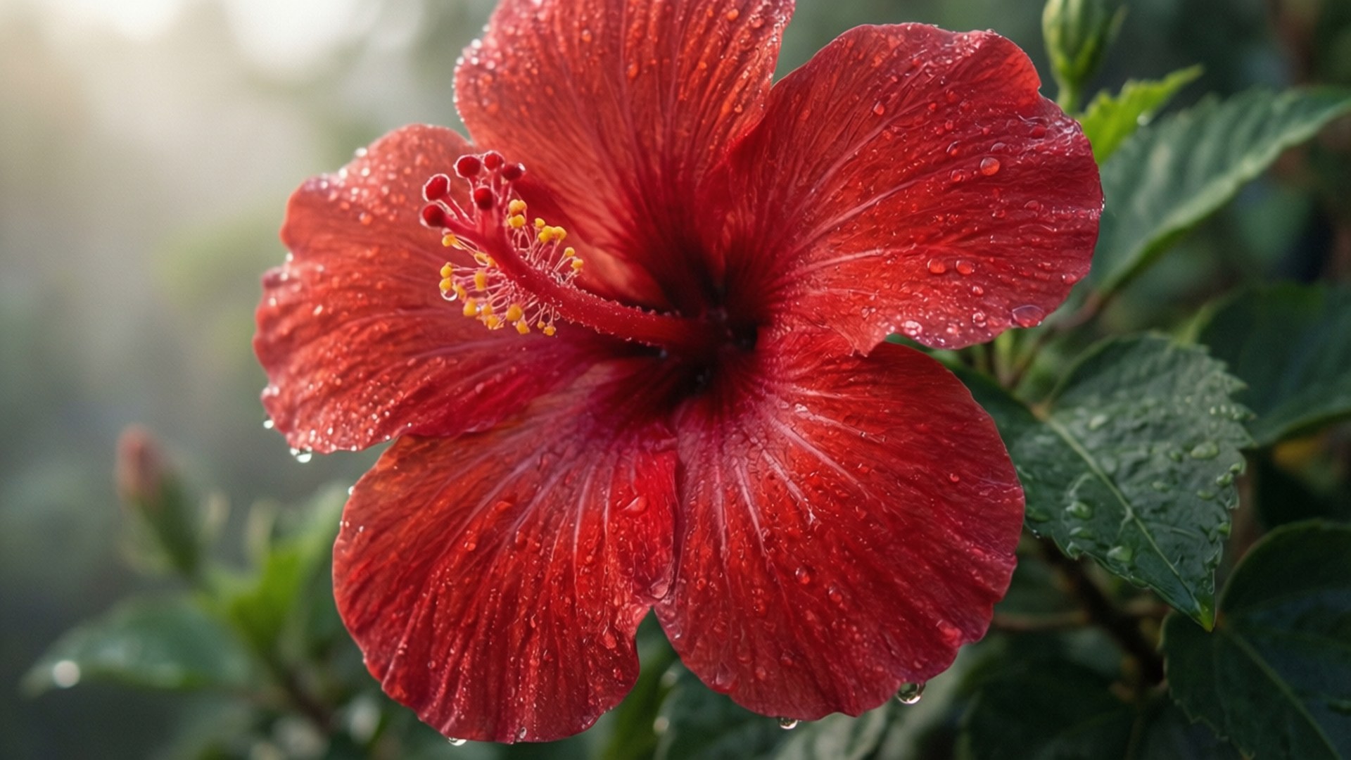 Dewy Red Hibiscus 壁紙 — 一朵鮮紅的木芙蓉花在柔和模糊的綠色背景下閃爍著露珠。