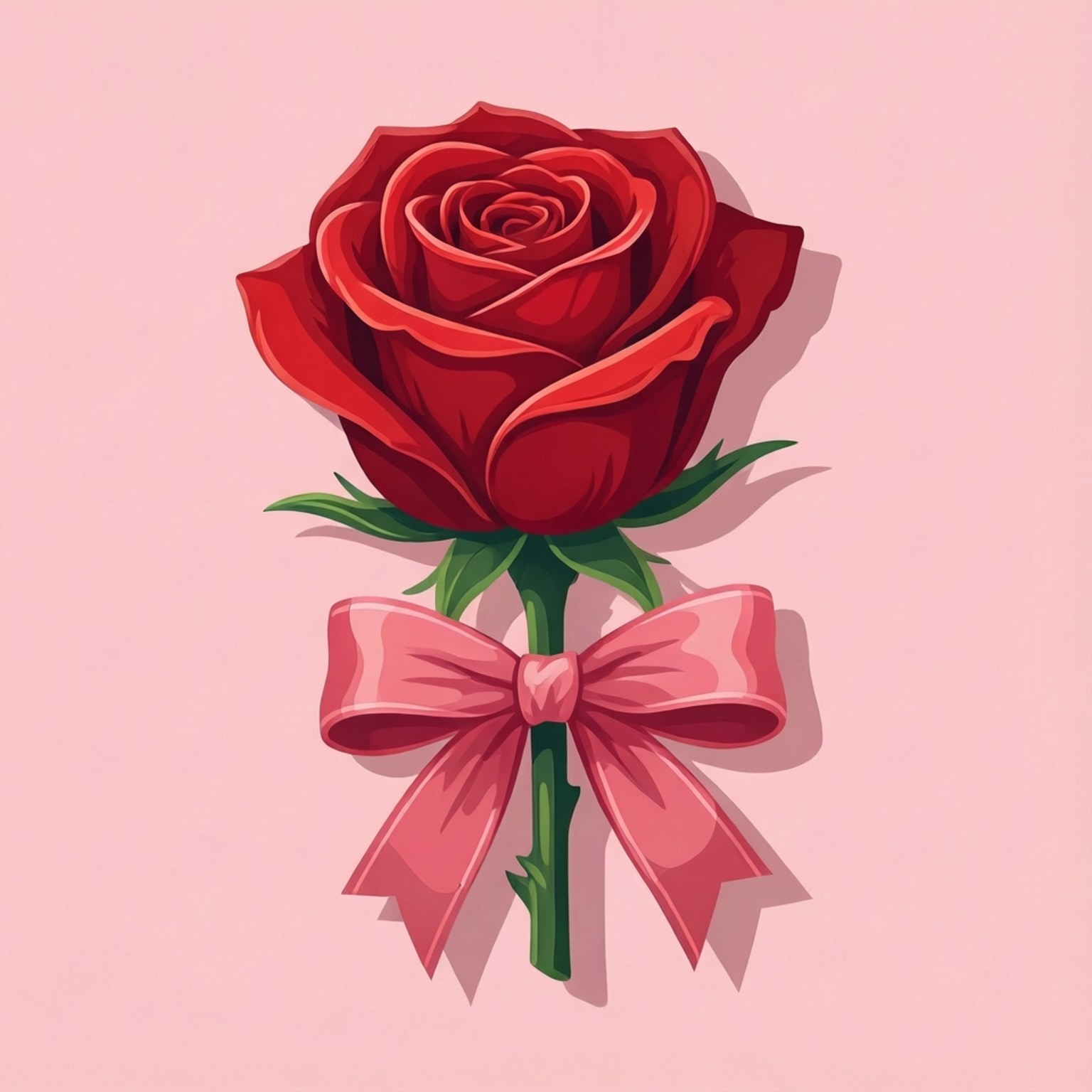 Free Mother's Day 桌布 壁紙 — 一朵鮮豔的紅玫瑰，莖上繫著粉紅色蝴蝶結，在柔和的粉紅色背景襯托下格外突出。
