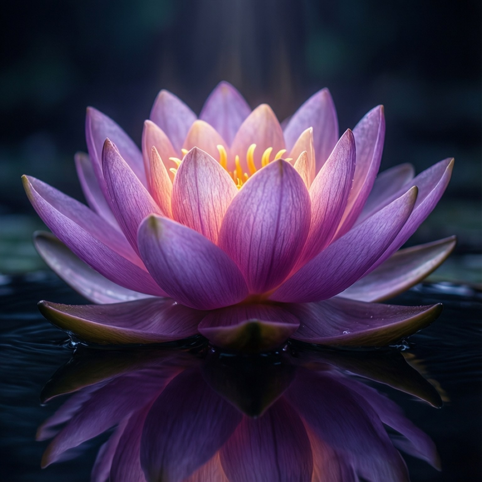 Glowing Lotus 壁紙 — 一朵鮮豔的紫色蓮花在深色水面上盛開，帶有完美的倒影和金色花心。