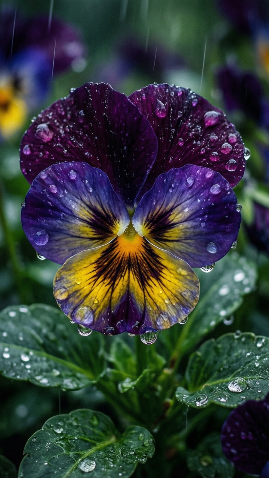 Rain-Kissed Pansy 壁紙 — 一朵鮮豔的紫色三色堇，黃色中心，在模糊的綠色花園背景下閃爍著雨滴。