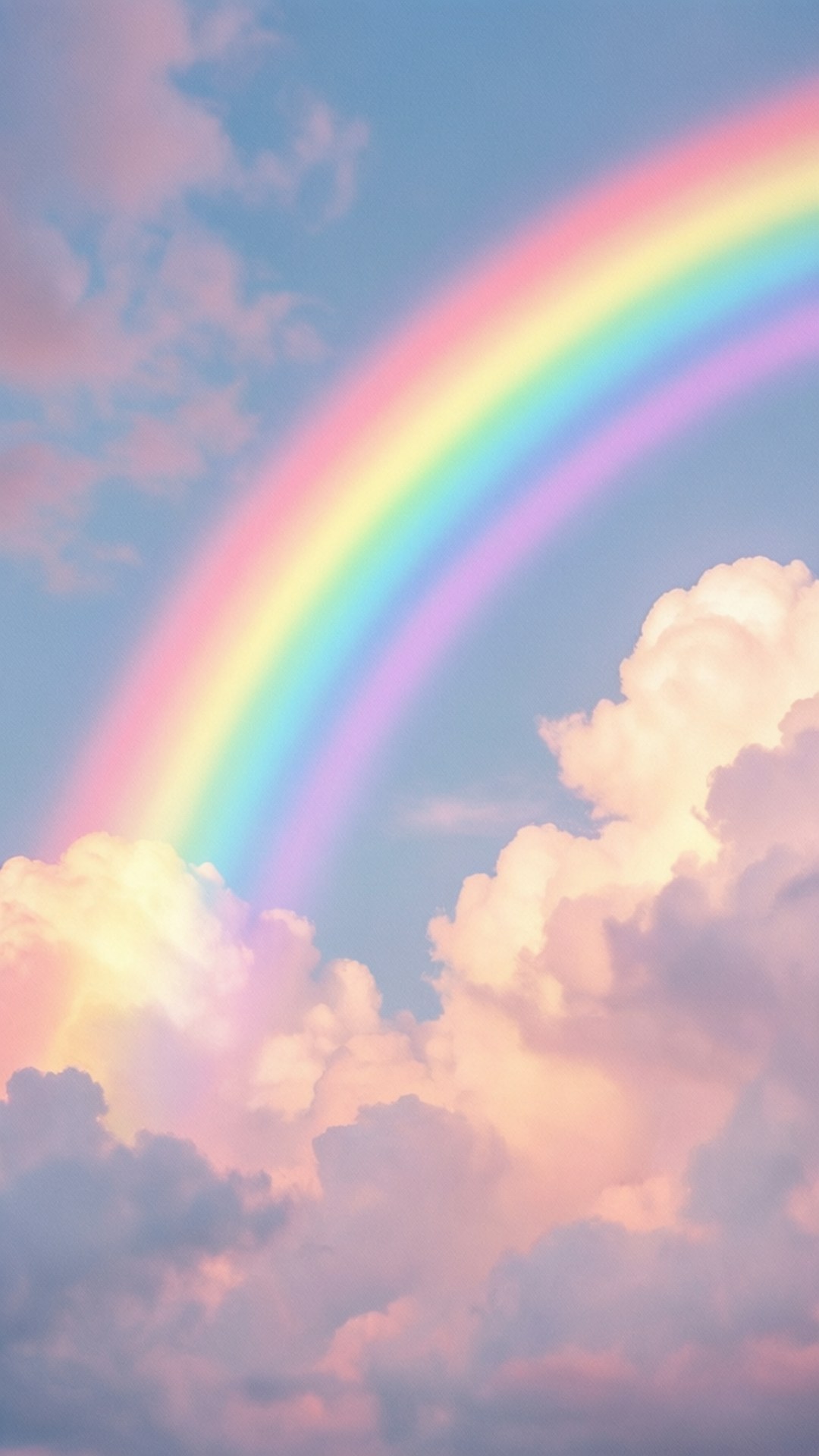 Rainbow over Clouds 壁紙 — 一道鮮豔的彩虹優雅地拱起在柔和的粉彩雲朵之上，映襯著寧靜的藍天。