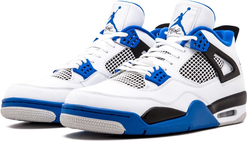 白色和藍色的Jordan 4籃球運動鞋，帶有黑色點綴和可見的氣墊。 — Air Jordan 壁紙