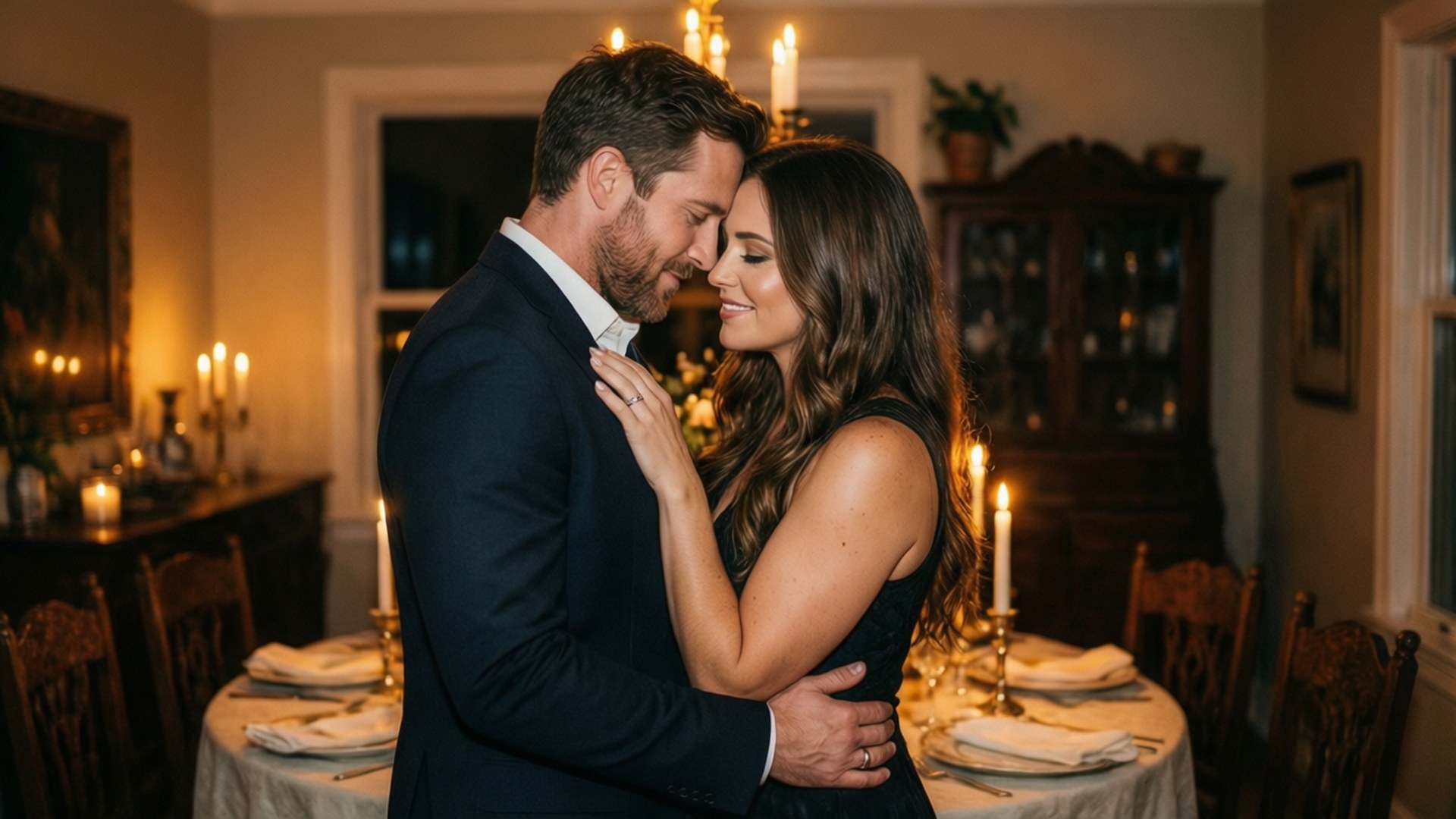 Blake and Krystle Romance 壁紙 — 一對情侶在一個溫暖照明的飯廳中分享親密時刻，飯廳以燭光和優雅的餐桌佈置裝飾。