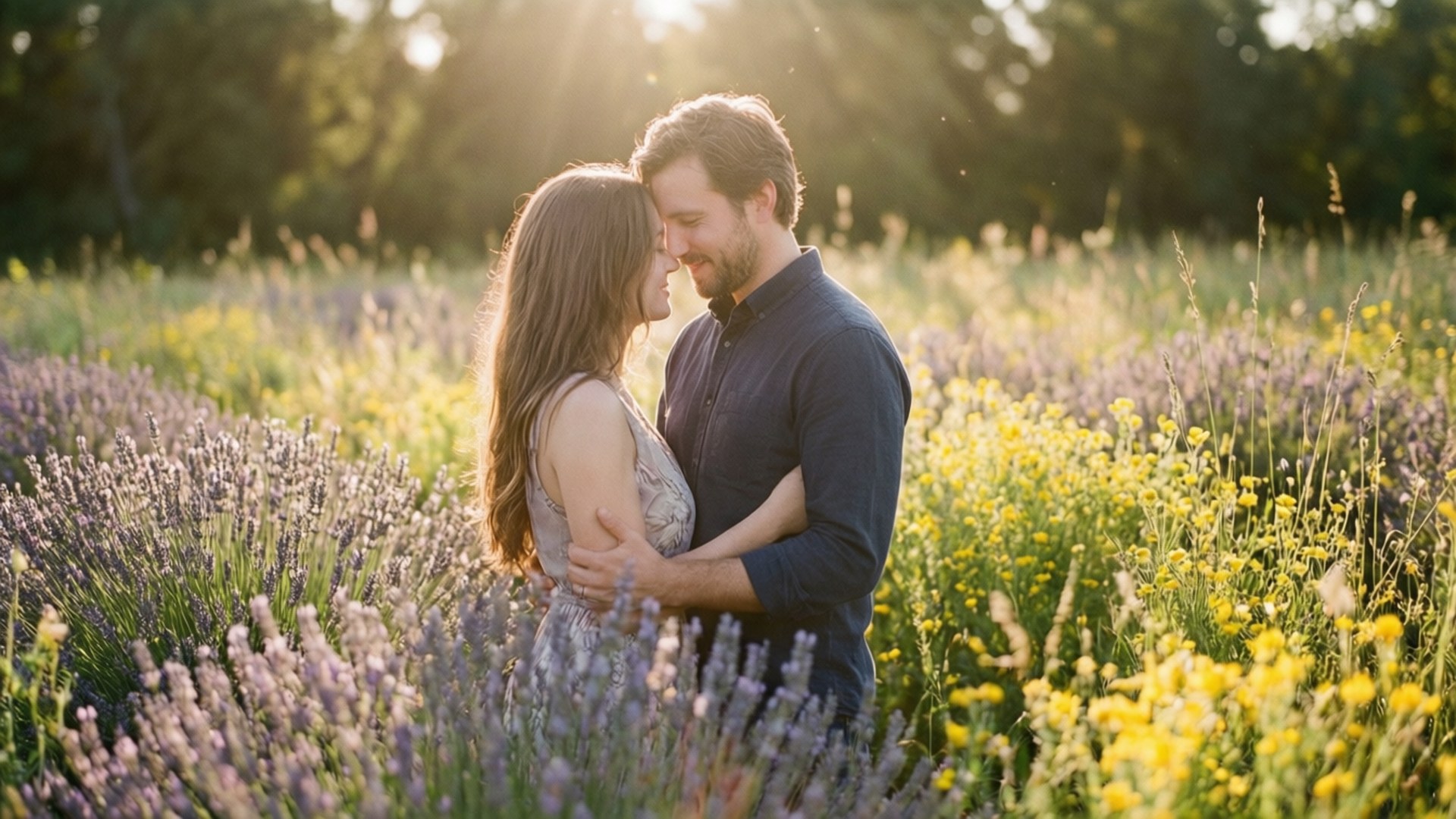 Wildflower Embrace 壁紙 — 一對情侶在陽光普照的薰衣草和黃色野花田中溫柔擁抱，金色逆光襯托。