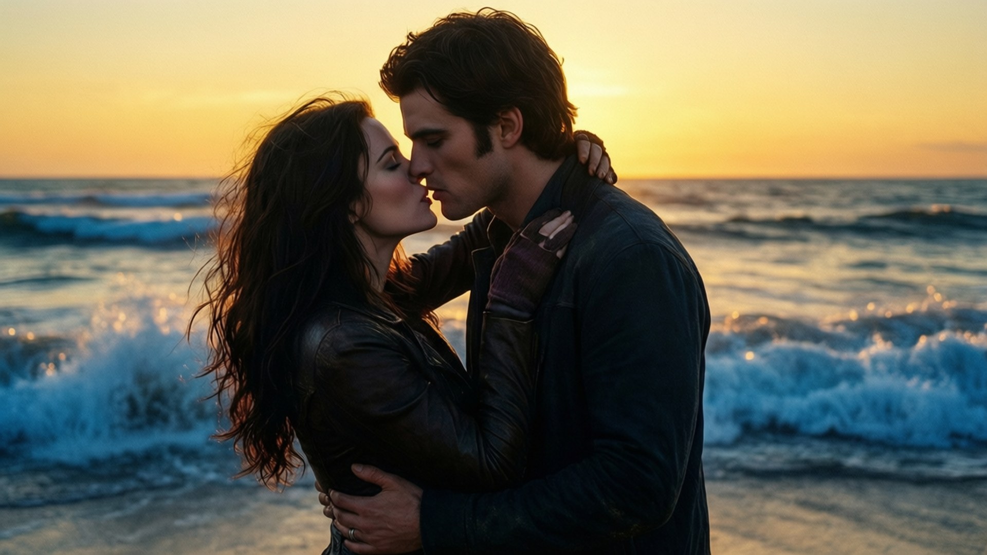 Beach Romance 壁紙 — 一對穿著皮夾克的情侶在海灘上熱情接吻，金色夕陽的光線反射在破碎的海浪上。