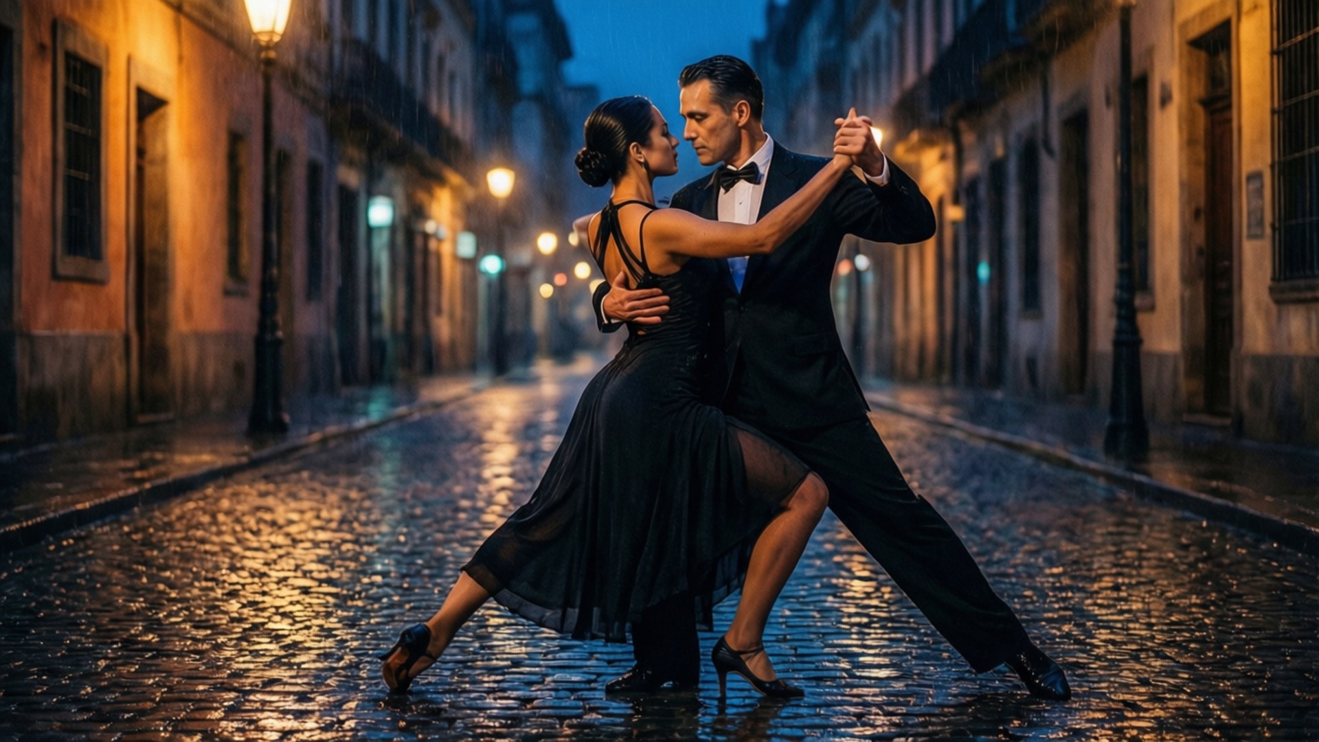 Rainy Tango Night 壁紙 — 一對穿著正裝的情侶在夜晚濕漉漉的鵝卵石街道上，在溫暖的路燈下親密地跳舞。