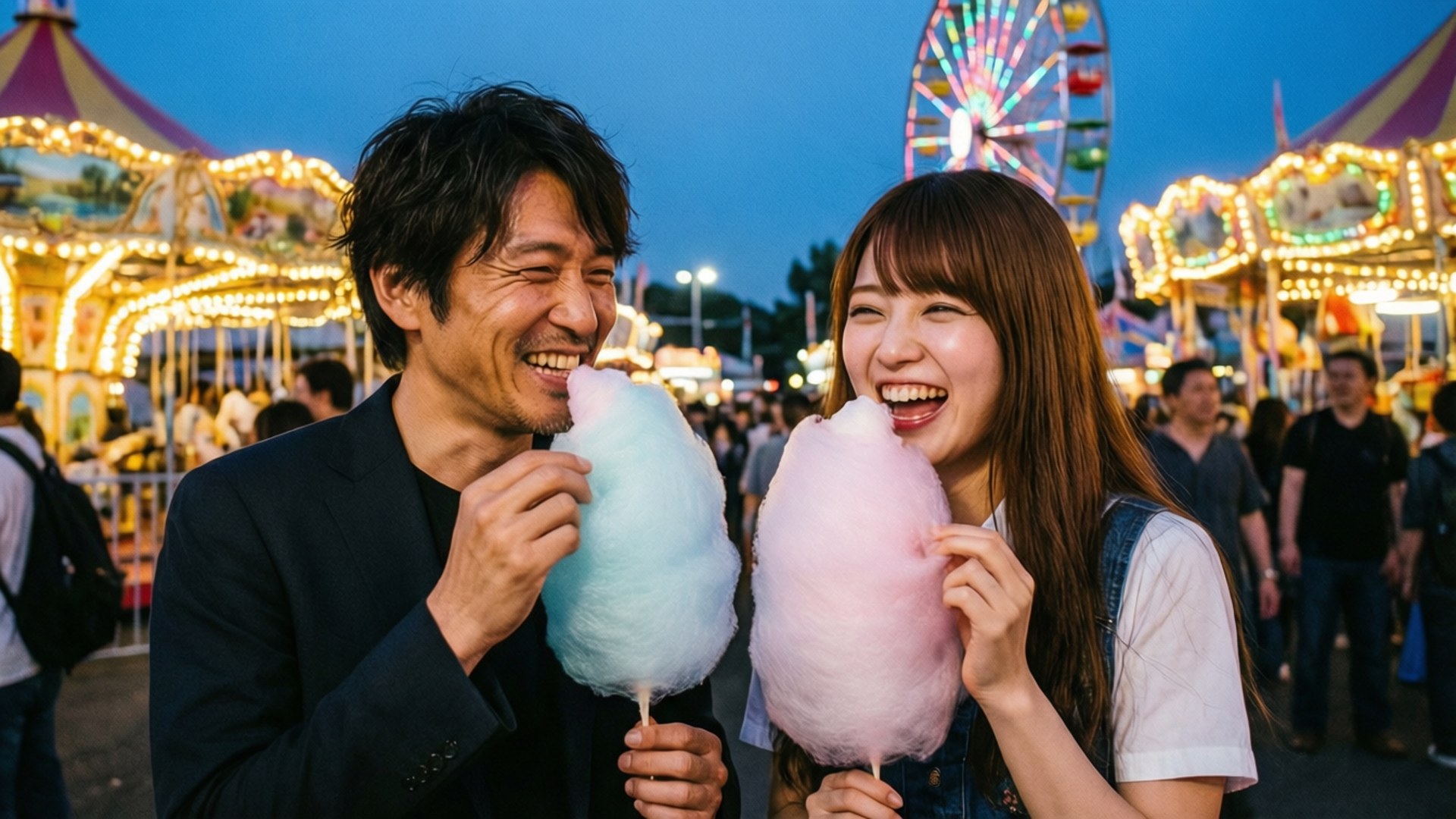 Carnival Date Fun 壁紙 — 一對大笑的情侶在充滿活力的夜市中享受棉花糖，背景是發光的遊樂設施和摩天輪。