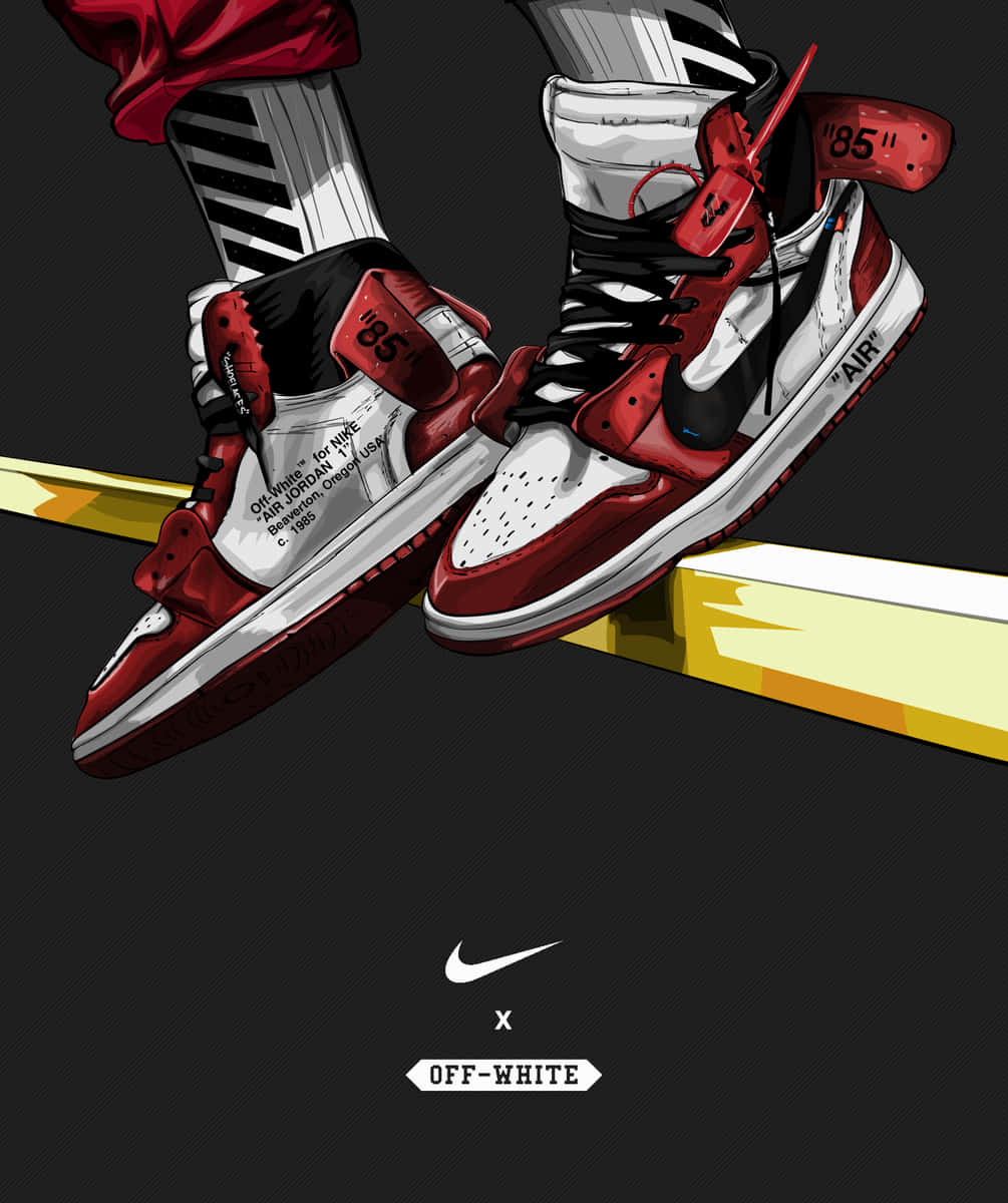 帶有 Off White 品牌標誌的紅白黑 Nike Air Jordan 1 運動鞋漂浮在黃色條上方。 — Air Jordan 壁紙