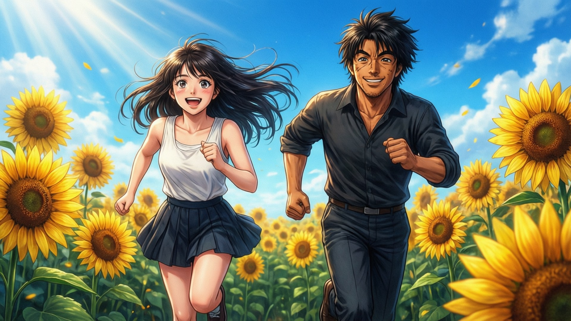 Sunflower Run 壁紙 — 一對快樂的動漫情侶在明亮的藍天下，穿過充滿活力的向日葵田奔跑，陽光四射。