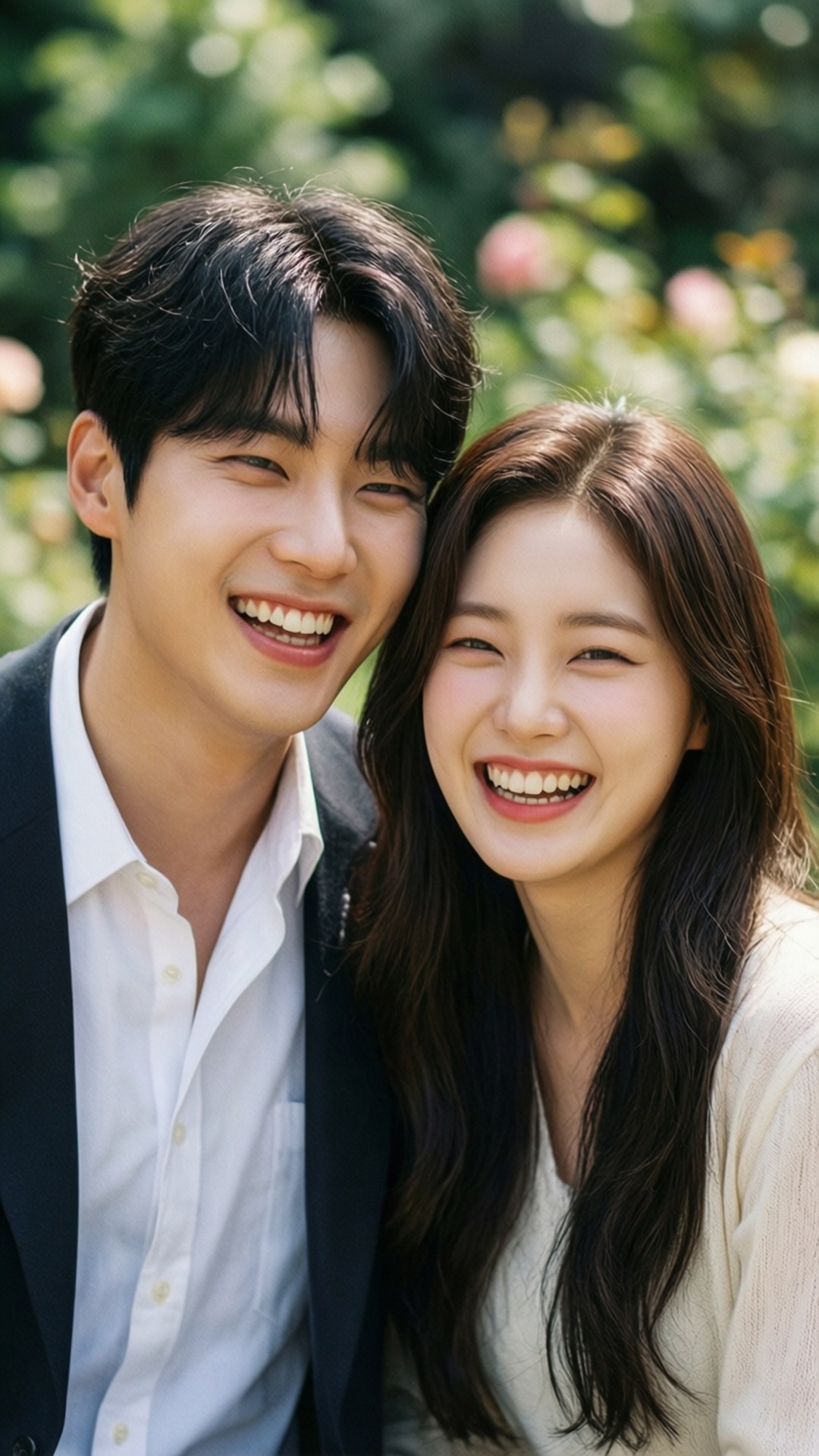 True Beauty Couple 壁紙 — 一對快樂的年輕情侶在戶外一起大笑，背景是陽光下的綠植和柔和模糊的花朵。