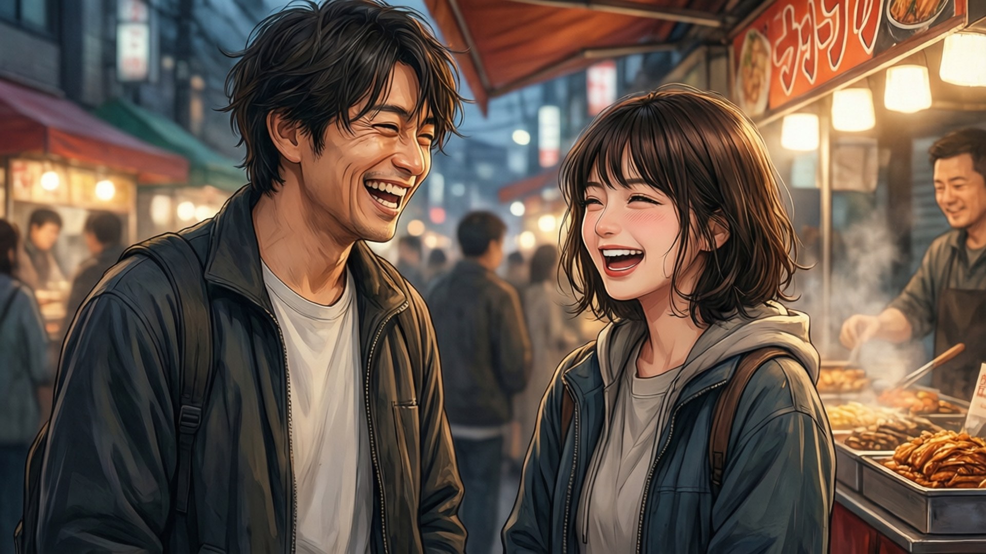 Street Food Bonding 壁紙 — 一對快樂的年輕情侶在熱鬧的日本小巷中的一個繁忙夜市攤位一起大笑。