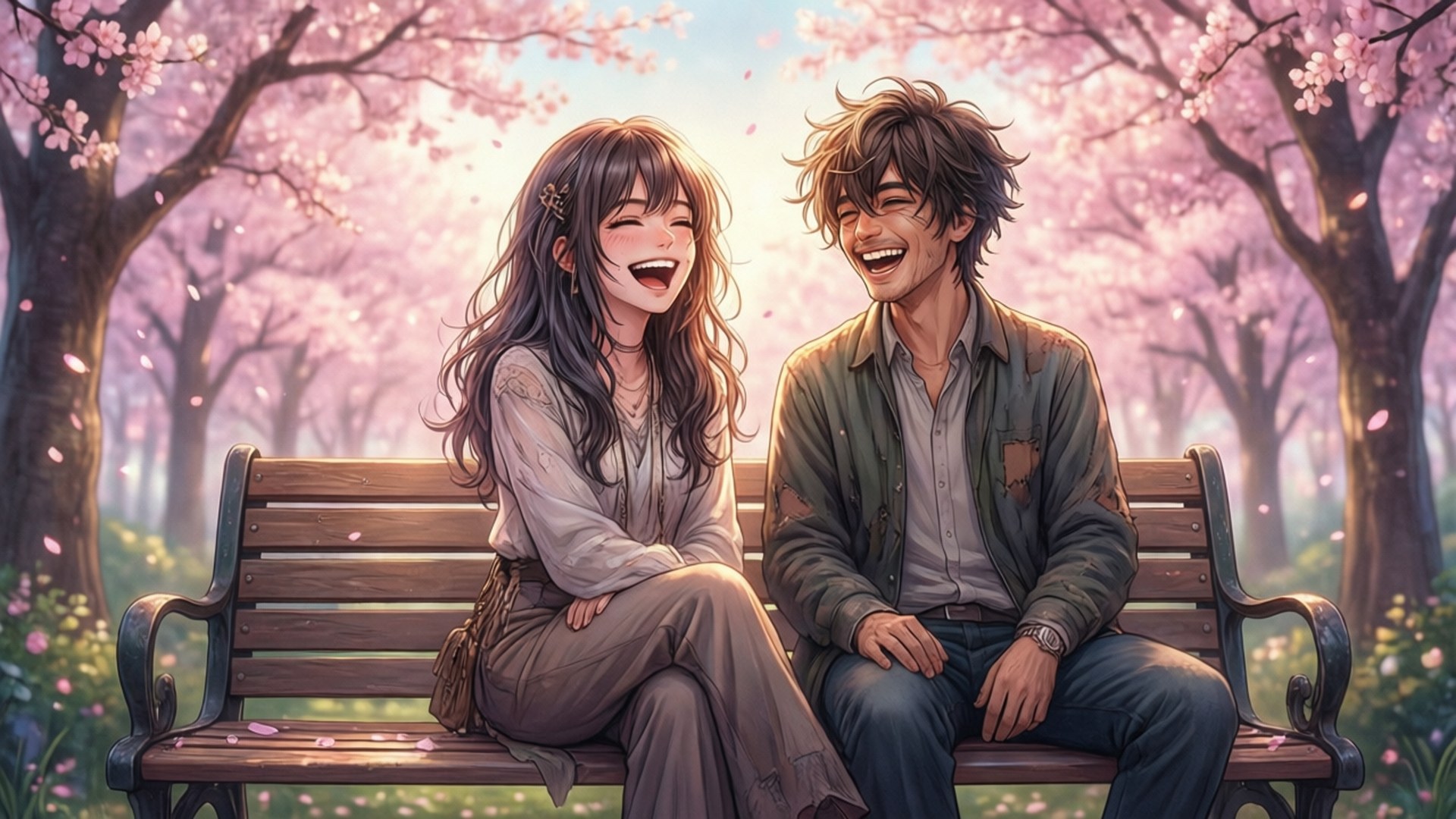 Cherry Blossom Friends 壁紙 — 一對快樂的年輕情侶在陽光明媚的公園裡，坐在盛開粉紅色櫻花樹下的木長椅上一起大笑。