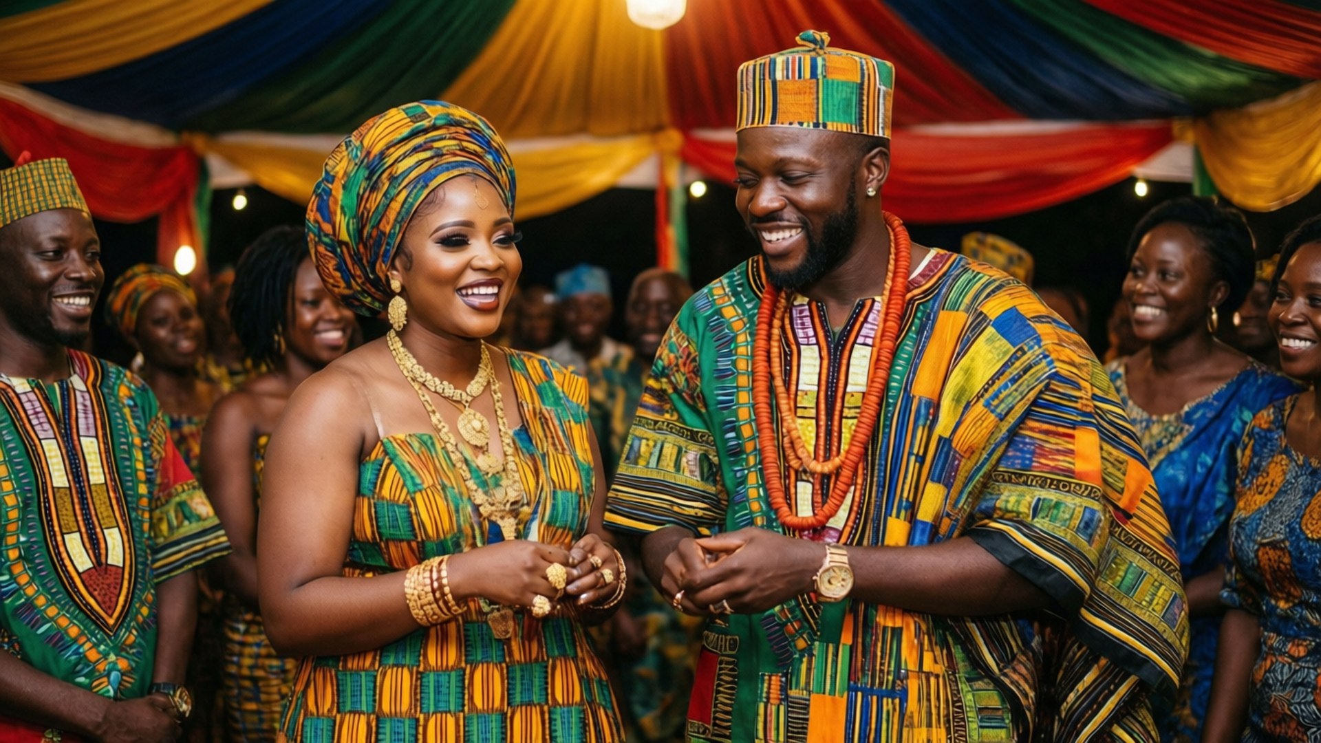 Ghanaian Wedding Joy 壁紙 — 一對快樂的情侶穿著鮮豔的非洲服飾，在色彩繽紛的帳篷下互相微笑，周圍是節日聚會。