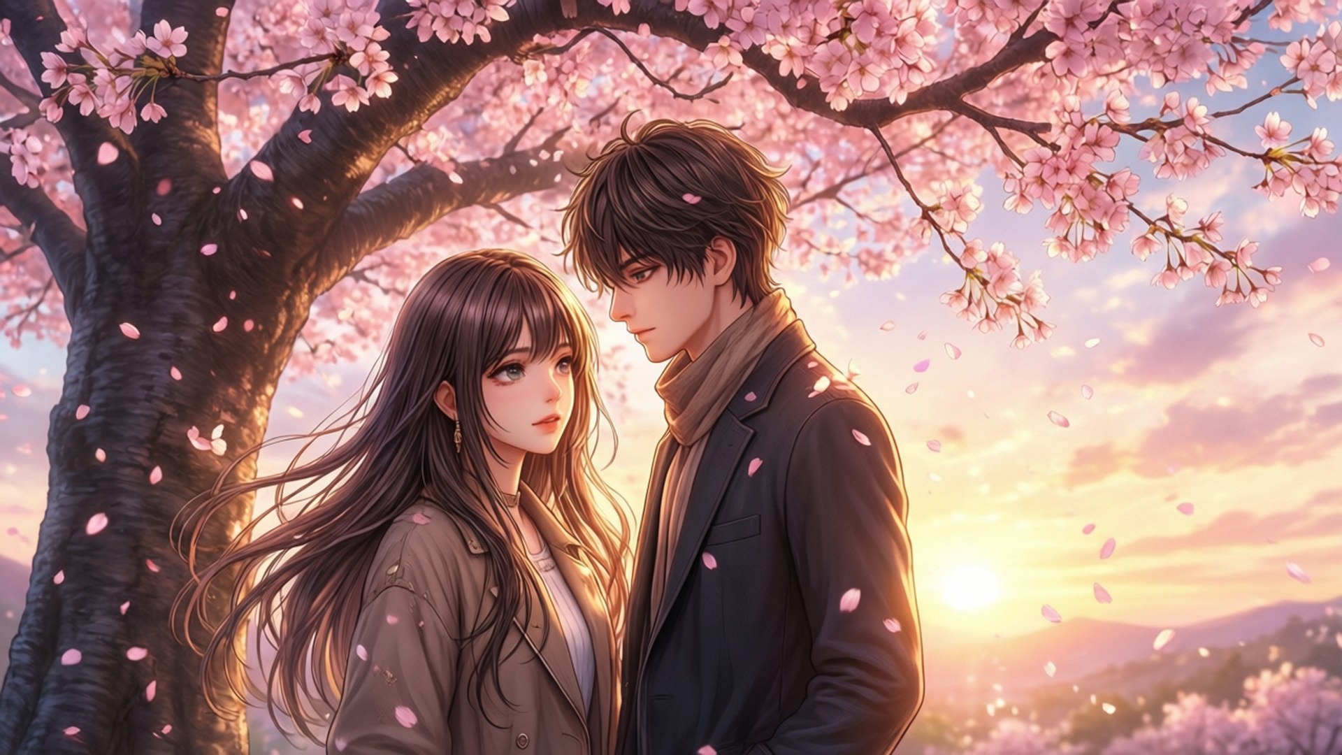 Cherry Blossom Romance 壁紙 — 一對年輕情侶站在盛開的櫻花樹下，粉紅色的花瓣在金色的夕陽光中飄舞。