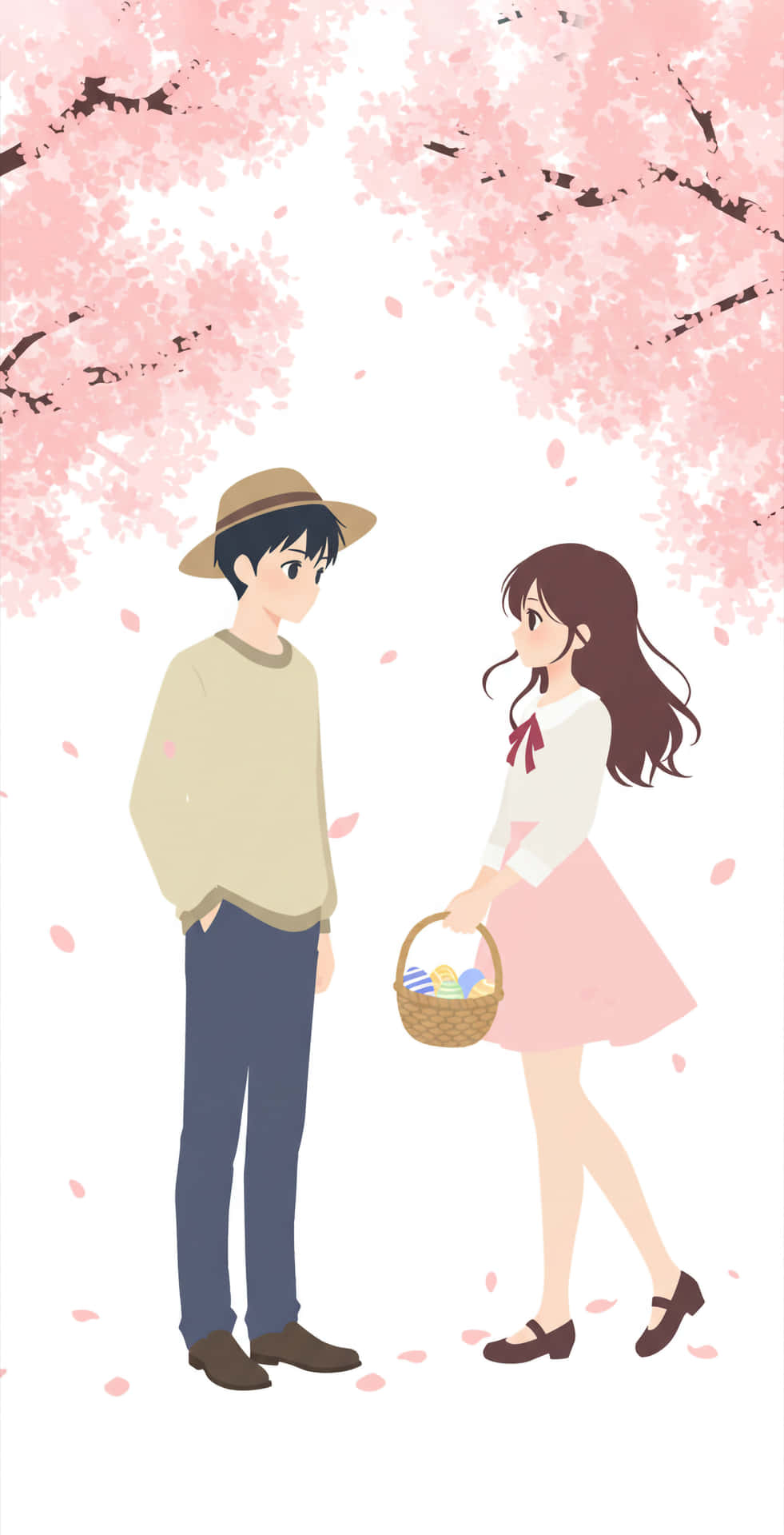 一對年輕男女站在櫻花下，拿著一個籃子。 — Pastel 壁紙