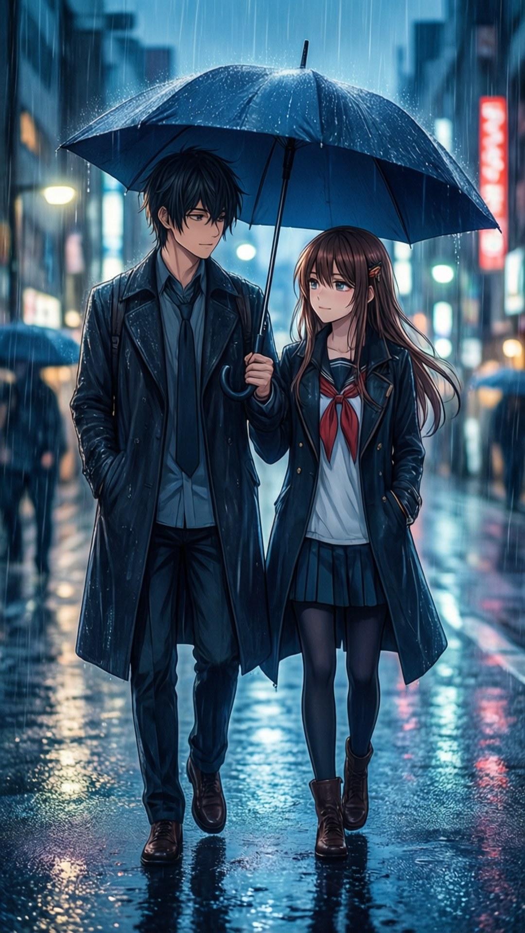 Rainy Day Together 壁紙 — 一對年輕情侶在夜晚撐著黑色雨傘，走過霓虹燈閃爍的雨街。