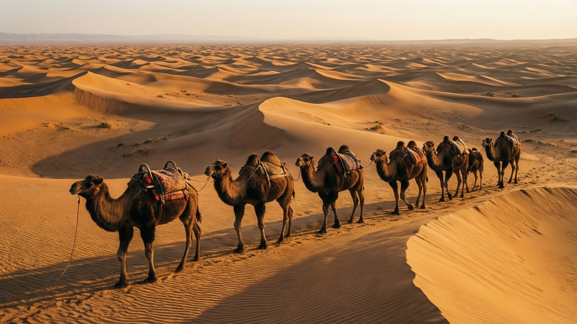 Desert Caravan 壁紙 — 一隊騎著駱駝的商隊在溫暖的日落天空下穿越金色沙丘。