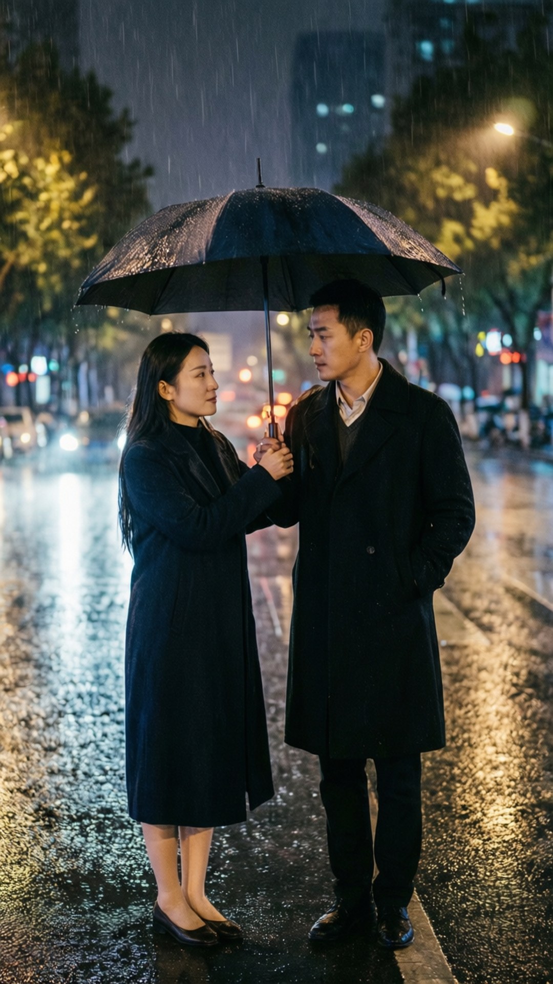 Rainy Night Umbrella 壁紙 — 一對情侶在雨夜的街道上站在黑色雨傘下，溫暖的路燈燈光映照在濕漉漉的人行道上。