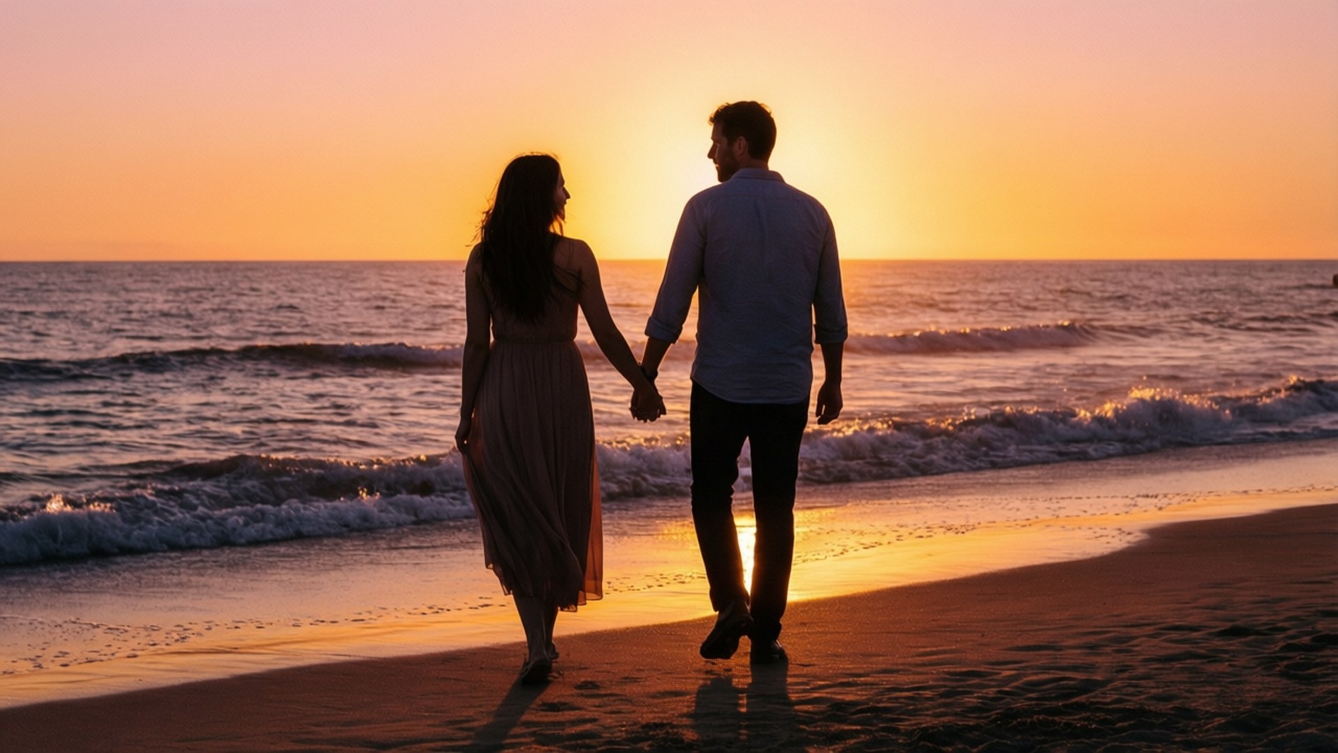 Sunset Beach Walk 壁紙 — 一對情侶手牽手沿著沙灘漫步，夕陽西下，身後金色海浪拍打。