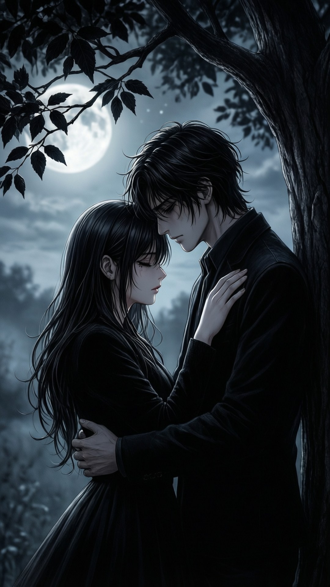 Moonlit Embrace 壁紙 — 一對身穿黑色衣服的情侶在滿月下擁抱，月亮被樹枝框住，營造出陰鬱的夜晚場景。