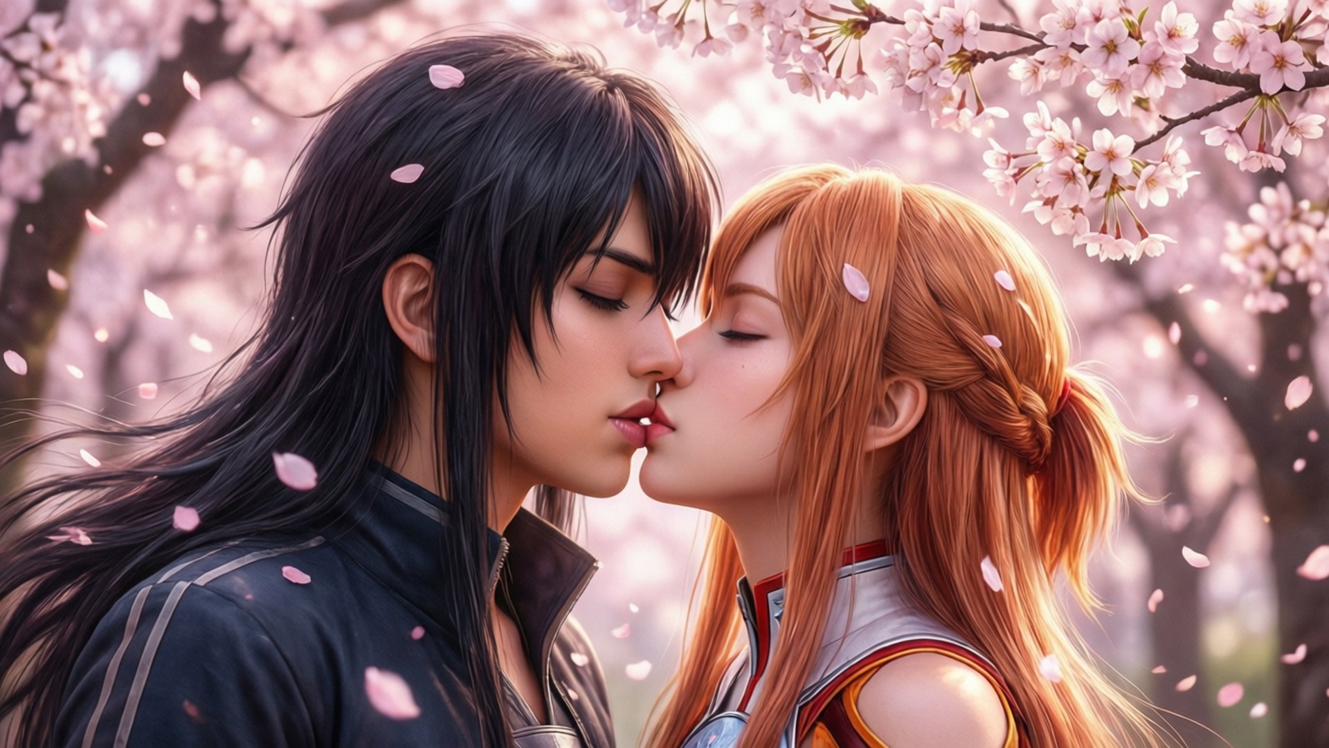 Cherry Blossom Kiss 壁紙 — 一對深色頭髮和橙色頭髮的動漫情侶在落櫻下溫柔接吻。