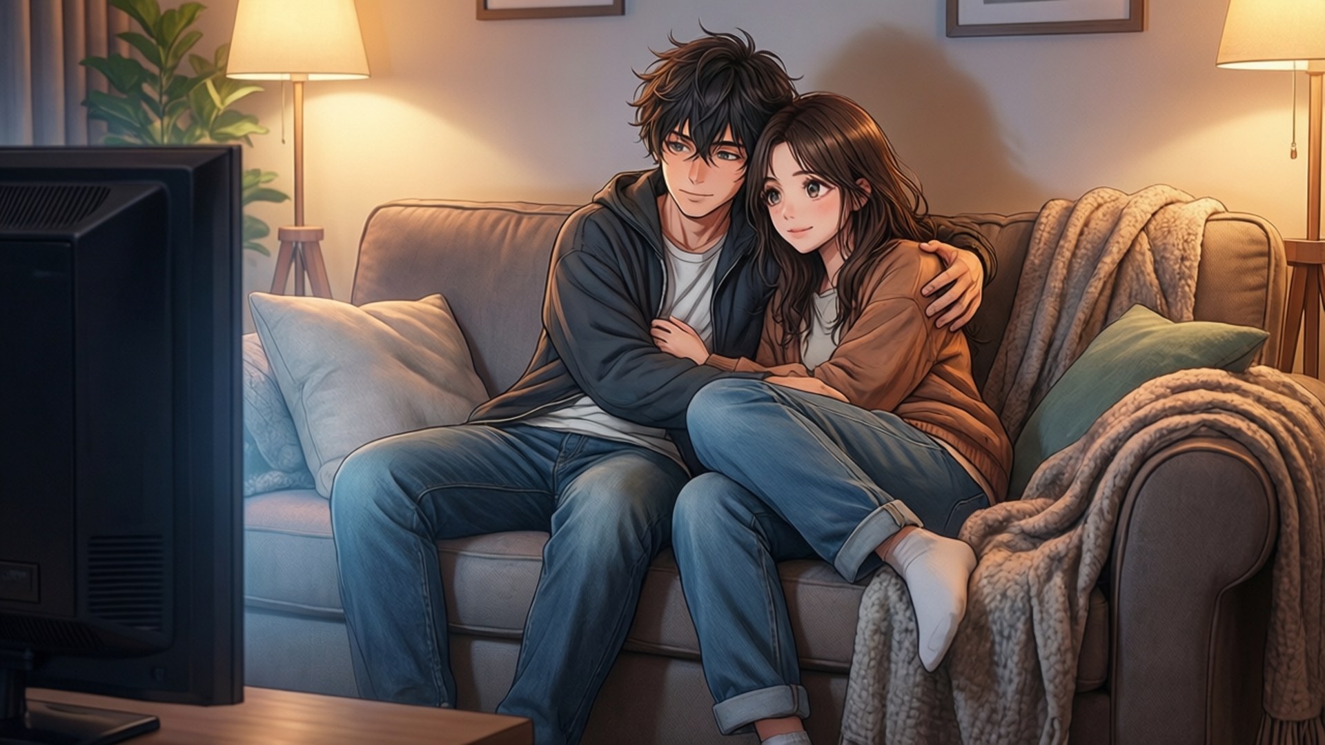 Cozy Night In 壁紙 — 一對舒適的動漫情侶在沙發上依偎著看電視，溫暖的燈光下，附近有一條毯子。