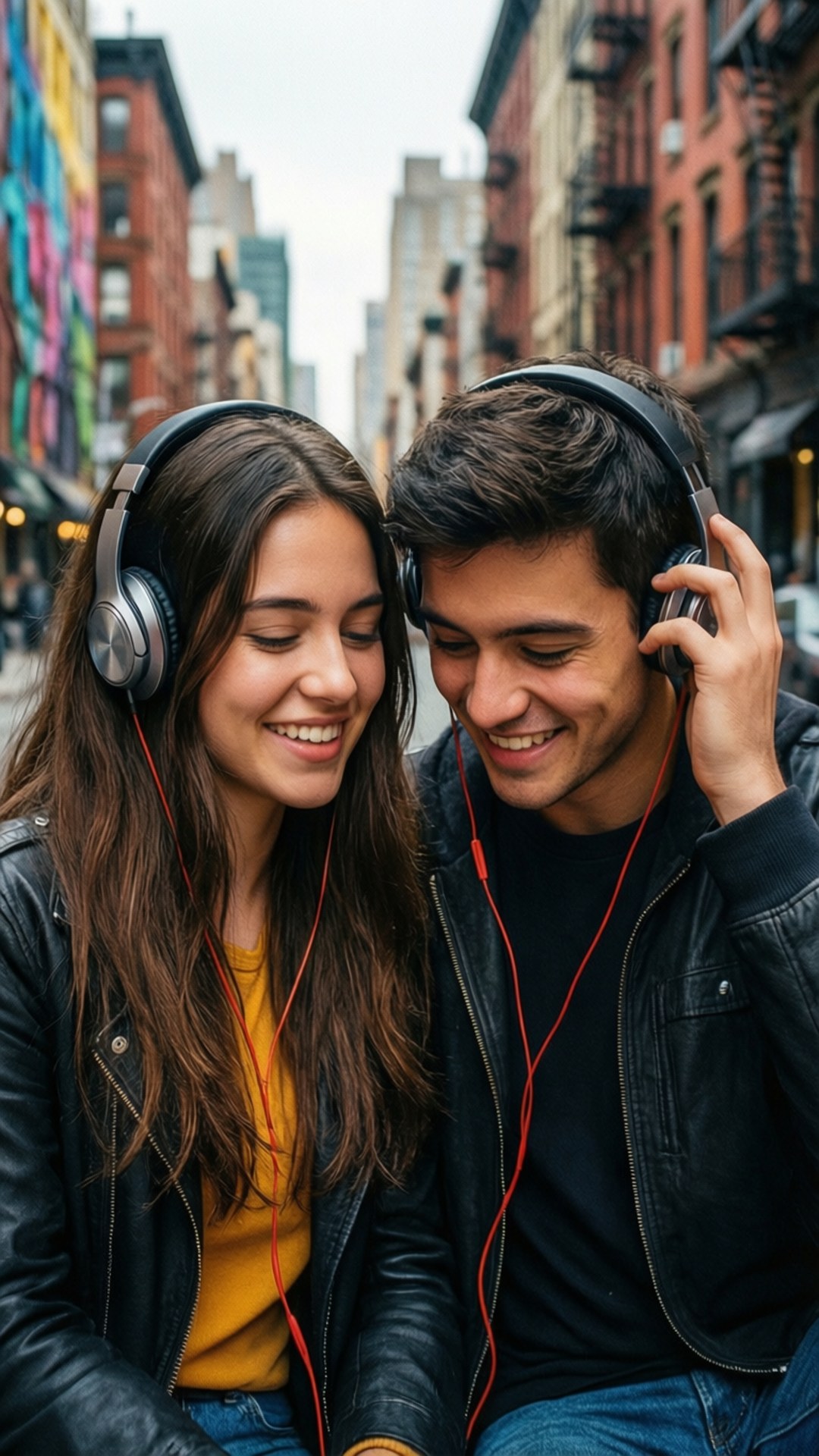 Music Besties 壁紙 — 一對微笑的年輕情侶在色彩繽紛的城市街道上分享耳機，背景有磚砌建築和塗鴉。