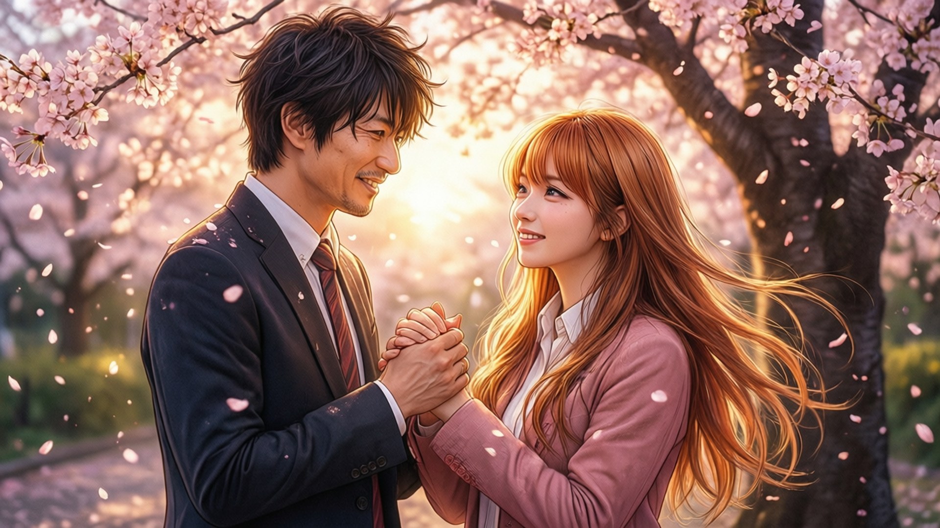 Cherry Blossom Promise 壁紙 — 一對微笑的情侶在盛開的櫻花樹下牽手，花瓣在金色陽光中飄落。