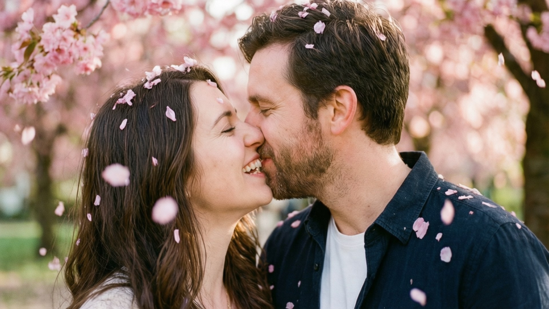 Cherry Blossom Kiss 壁紙 — 一對微笑的情侶在陽光明媚的公園裡，在飄落的粉紅櫻花下深情接吻。
