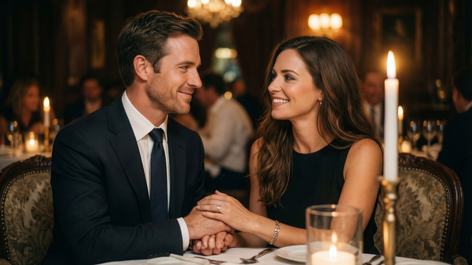 Parents' Date 壁紙 — 一對微笑的情侶在優雅的餐廳裡，穿過燭光餐桌牽手，周圍有華麗的椅子和溫暖的環境燈光。