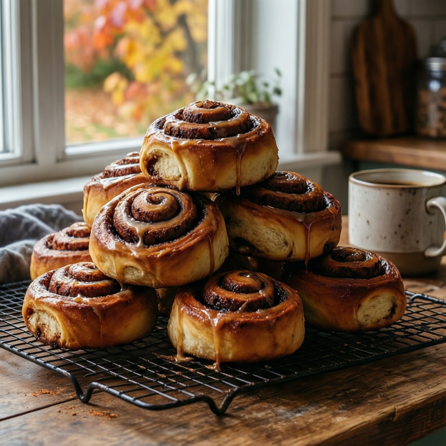 Cinnamon Roll Morning 壁紙 — 一堆溫暖的糖霜肉桂卷在金屬架上冷卻，旁邊放著一杯咖啡，窗外可見秋葉。