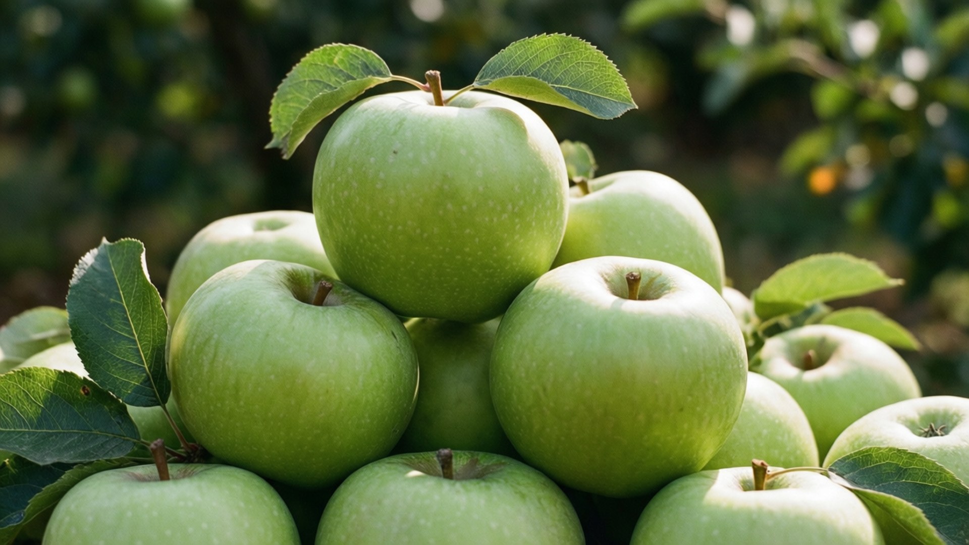 Stack of Green Apples 壁紙 — 一堆新鮮的青蘋果，葉子還連著，在自然陽光下閃閃發光。