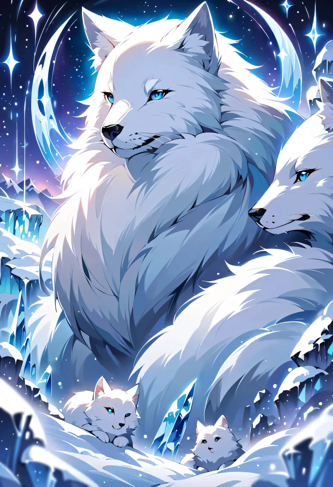  壁紙 — 一對雄偉的白狼家族，擁有發光的藍色眼睛，在星光月光下的冰晶中休息。