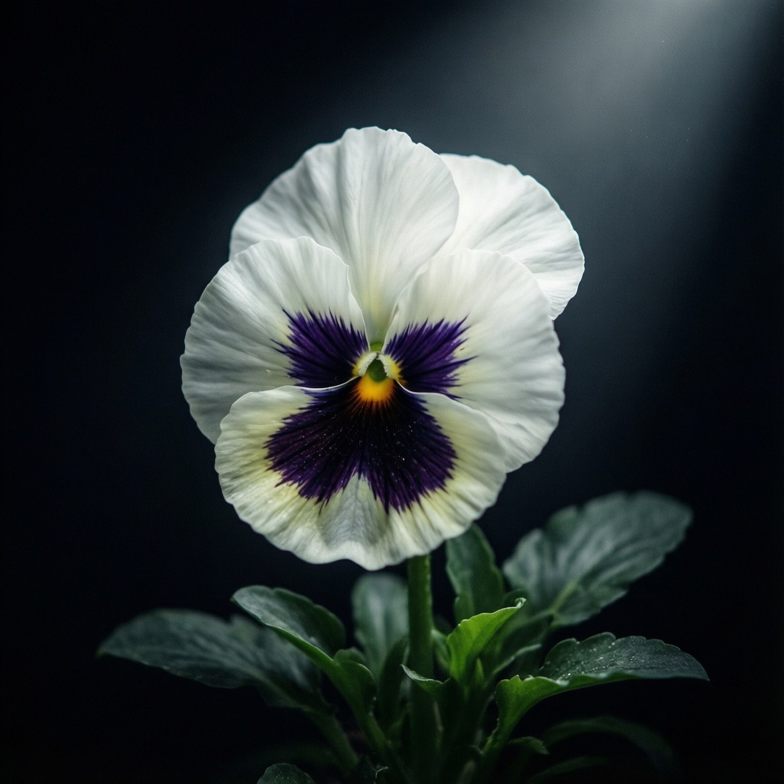 Elegant White Spotlight 壁紙 — 一朵白色三色堇，帶有深紫色中心和黃色眼睛，在戲劇性聚光燈下在純黑色背景上綻放。