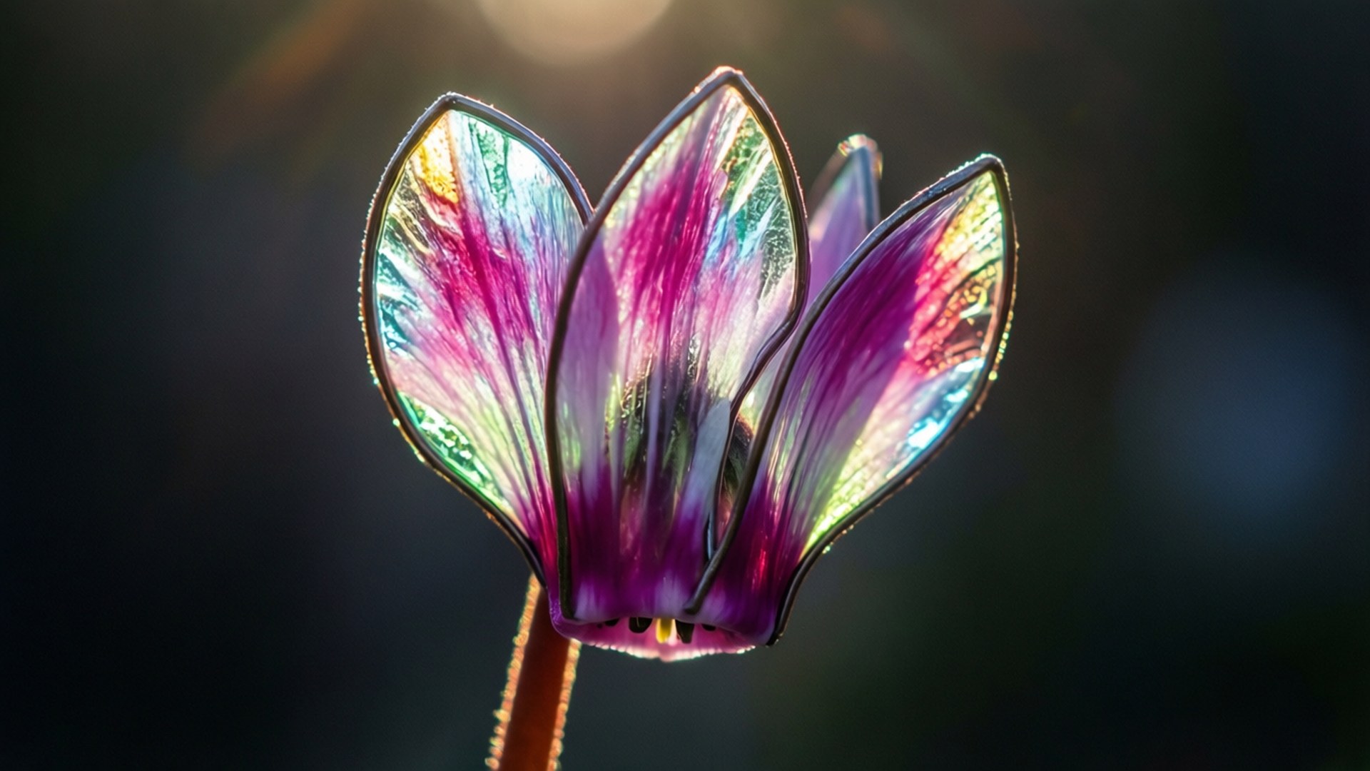 Backlit Cyclamen Glow 壁紙 — 一朵半透明玻璃花，帶有彩虹色紫、綠、金色調，在溫暖陽光下逆光，背景黑暗模糊。