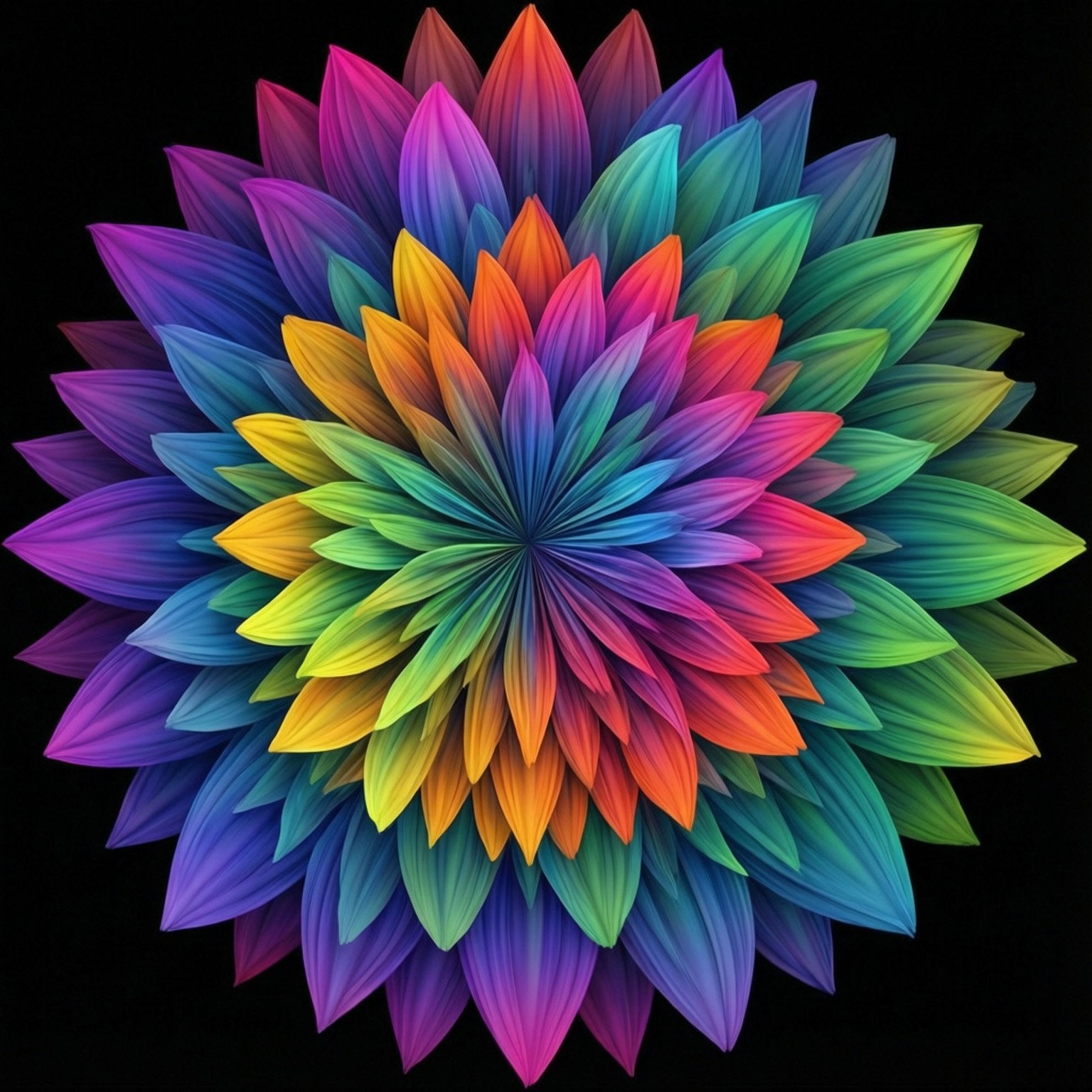 Radial Gradient 桌布 壁紙 — 一朵燦爛的多色花朵，帶有漸變花瓣，在黑色背景上向外輻射。