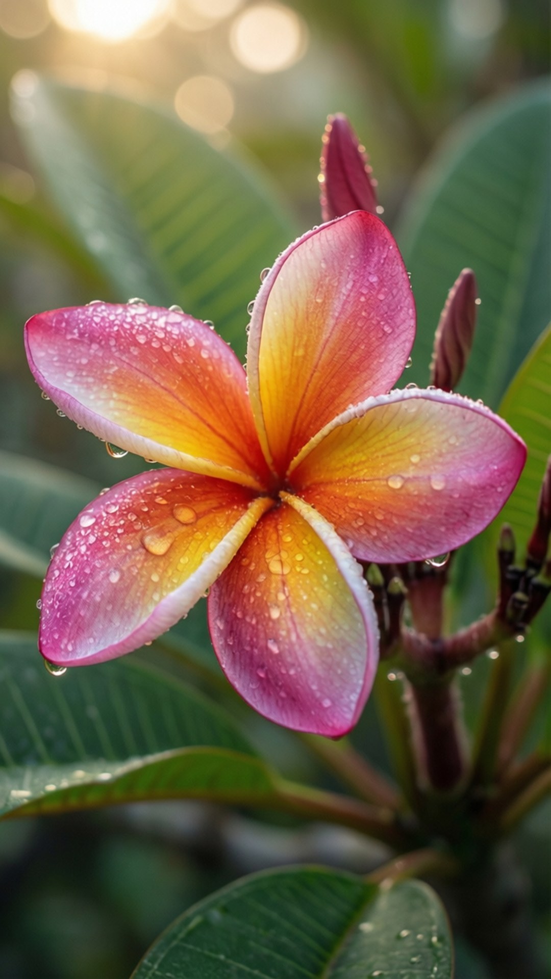 Plumeria Morning Dew 壁紙 — 一朵充滿活力的雞蛋花，粉紅色和黃色的花瓣在柔和的散景背景下閃爍著露珠。