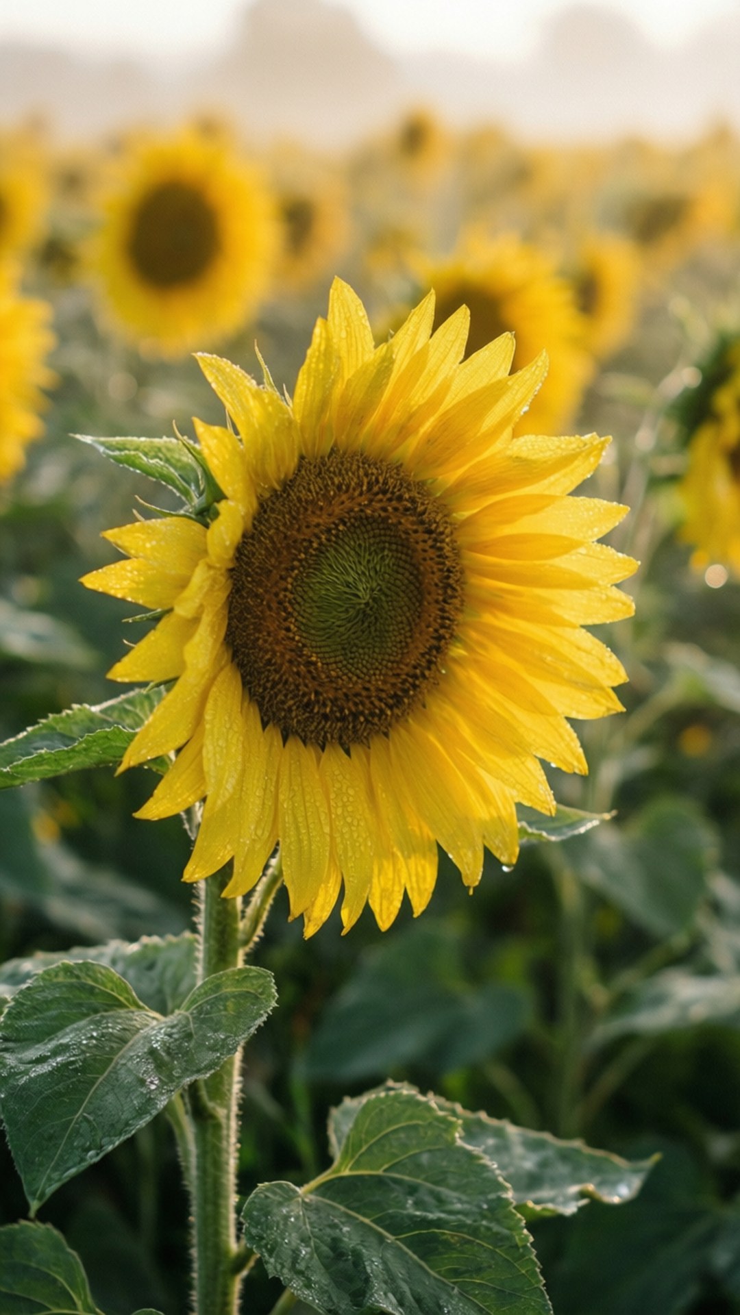 Morning Dew Sunflowers 壁紙 — 一朵充滿活力的向日葵，帶有露珠在柔和晨光中閃爍，背景是模糊的金色花田。